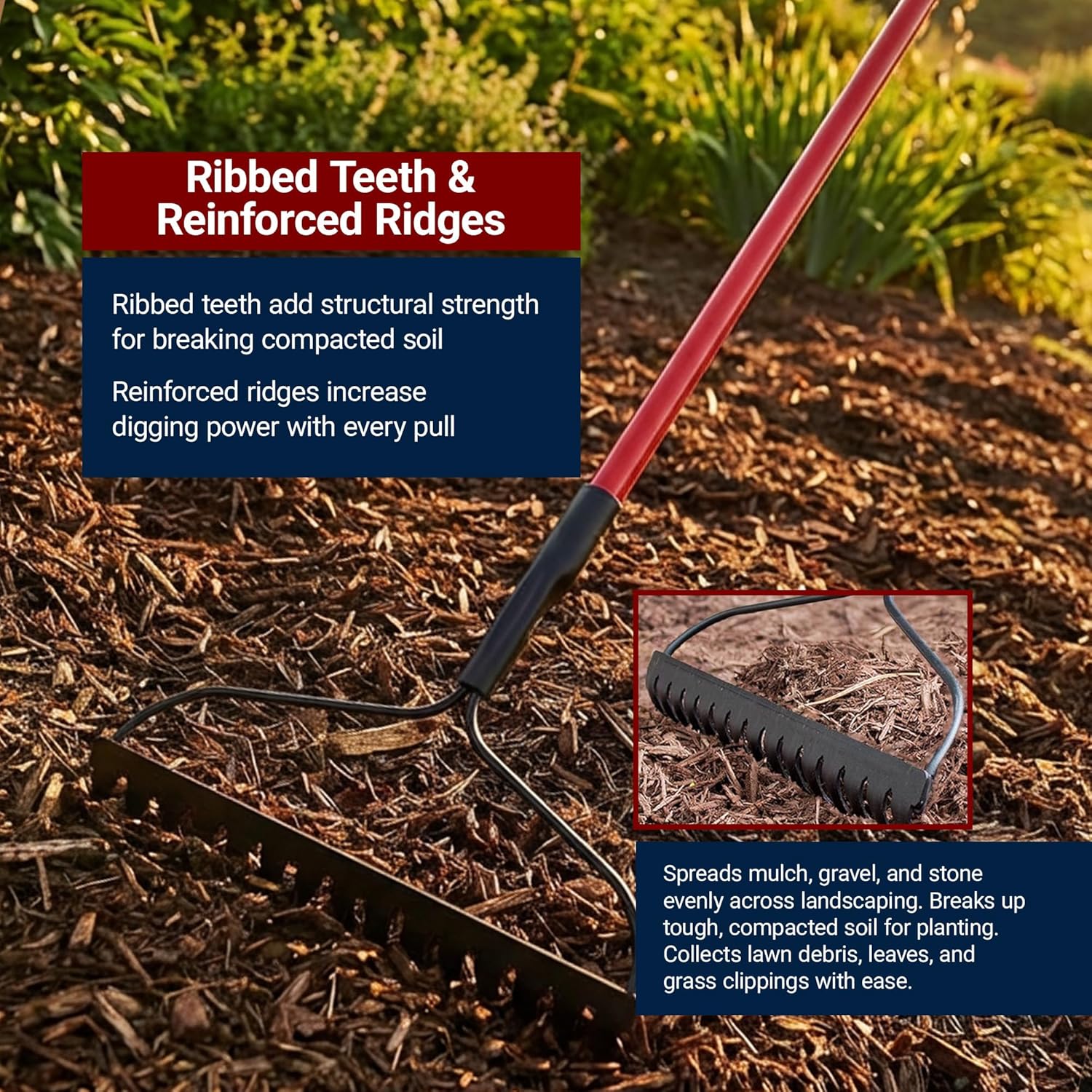 Bow Rake 16" Tines, Heavy Duty Steel Garden Rake for Leaves | 58" Fiberglass Long Handle, Rake For Lawn Debris, Mulch, Soil and Gravel
