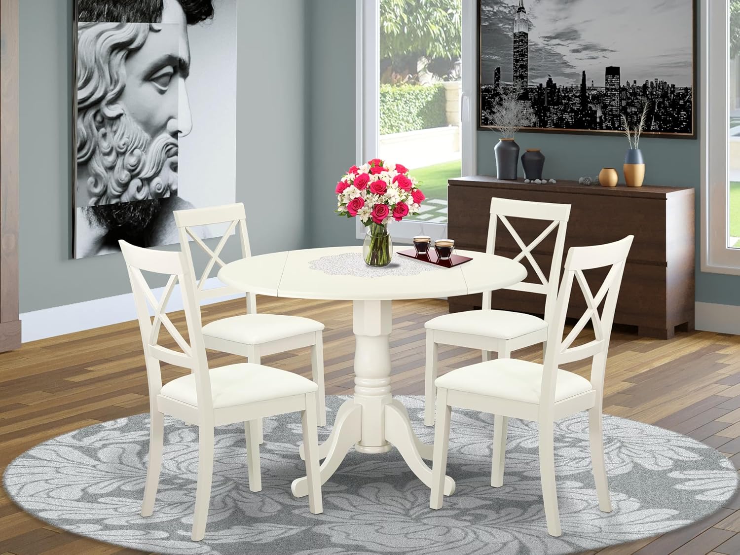 East West Furniture DLBO3-WHI-W 3 Piece Dining Room Table Set Contains a Round Kitchen Table with Dropleaf and 2 Dining Chairs, 42x42 Inch, Linen White