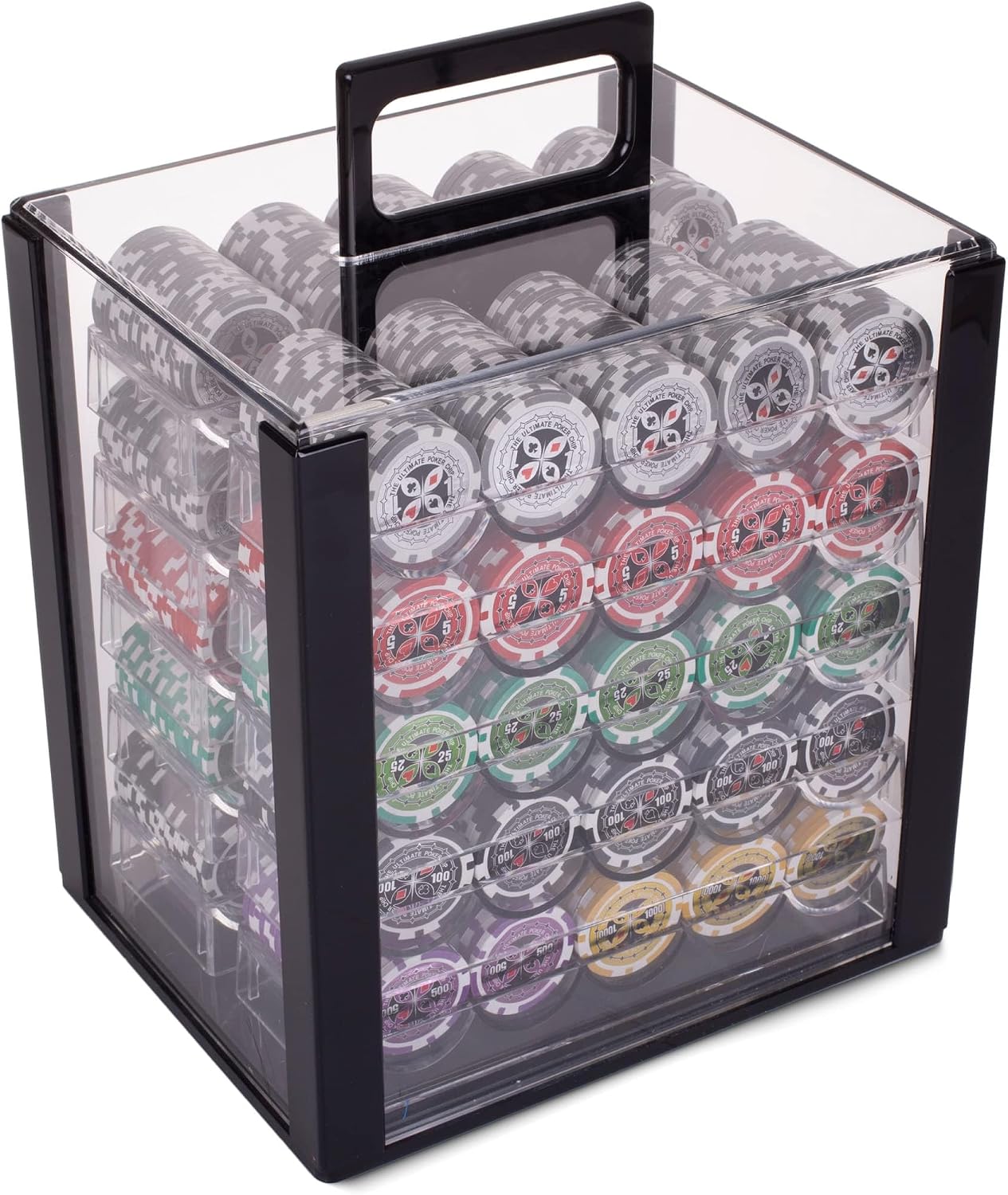 Brybelly Poker Chips 1000 Chips Set with Acrylic Case - Heavyweight 14g Poker Chips Set with 10 Removable Trays and 11" x 12" x 15" Portable Case