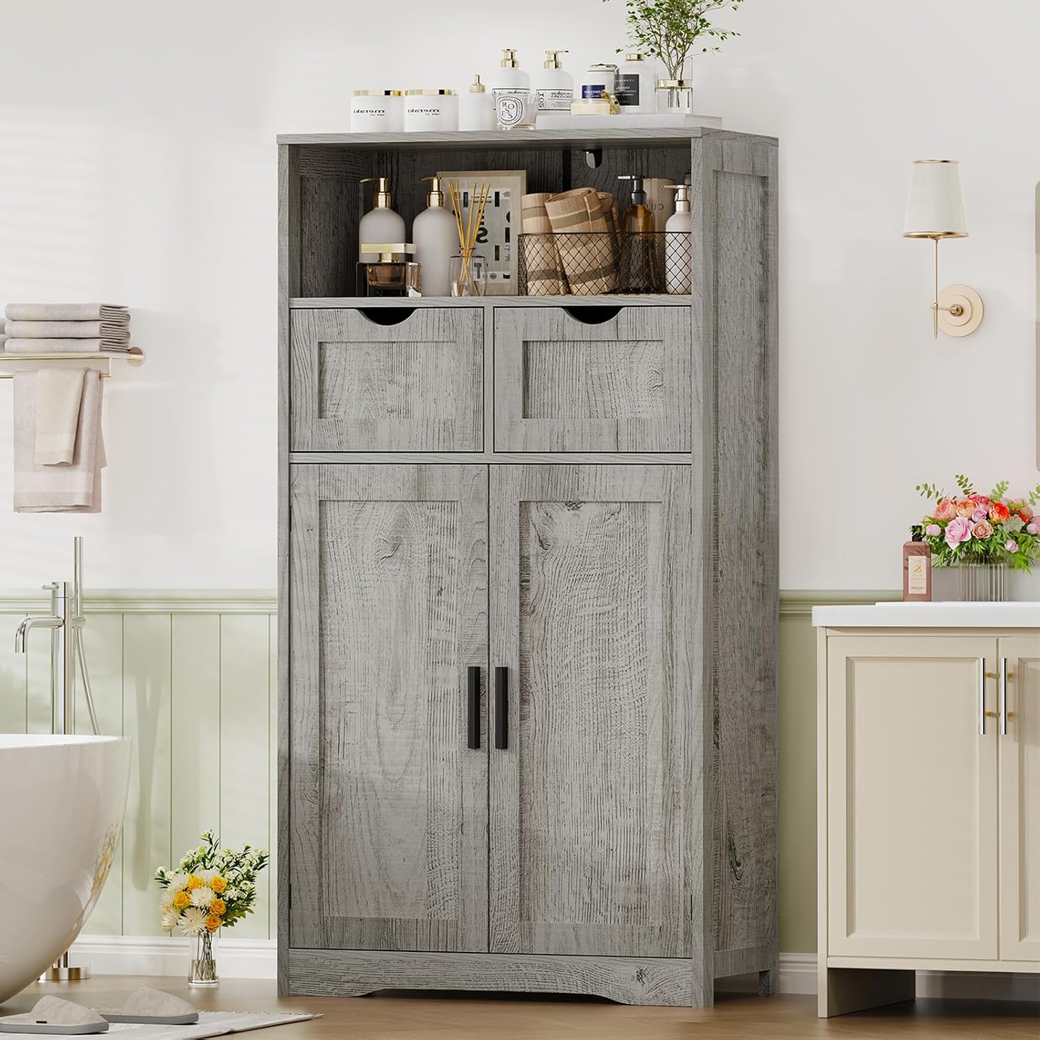 Iwell Storage Cabinet with 2 Drawers & Adjustable Shelves, Cupboard, Floor Cabinet for Living Room, Home Office, Rustic Brown