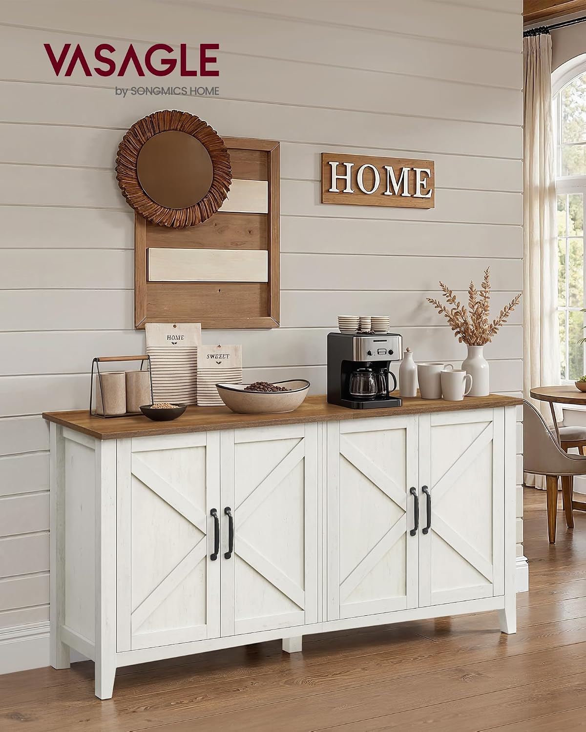 VASAGLE LIRY Collection - Storage Cabinet, Buffet Cabinet, Sideboard, Credenza, with Adjustable Shelves, for Entryway, Rustic White and Honey Brown ULSC381W01