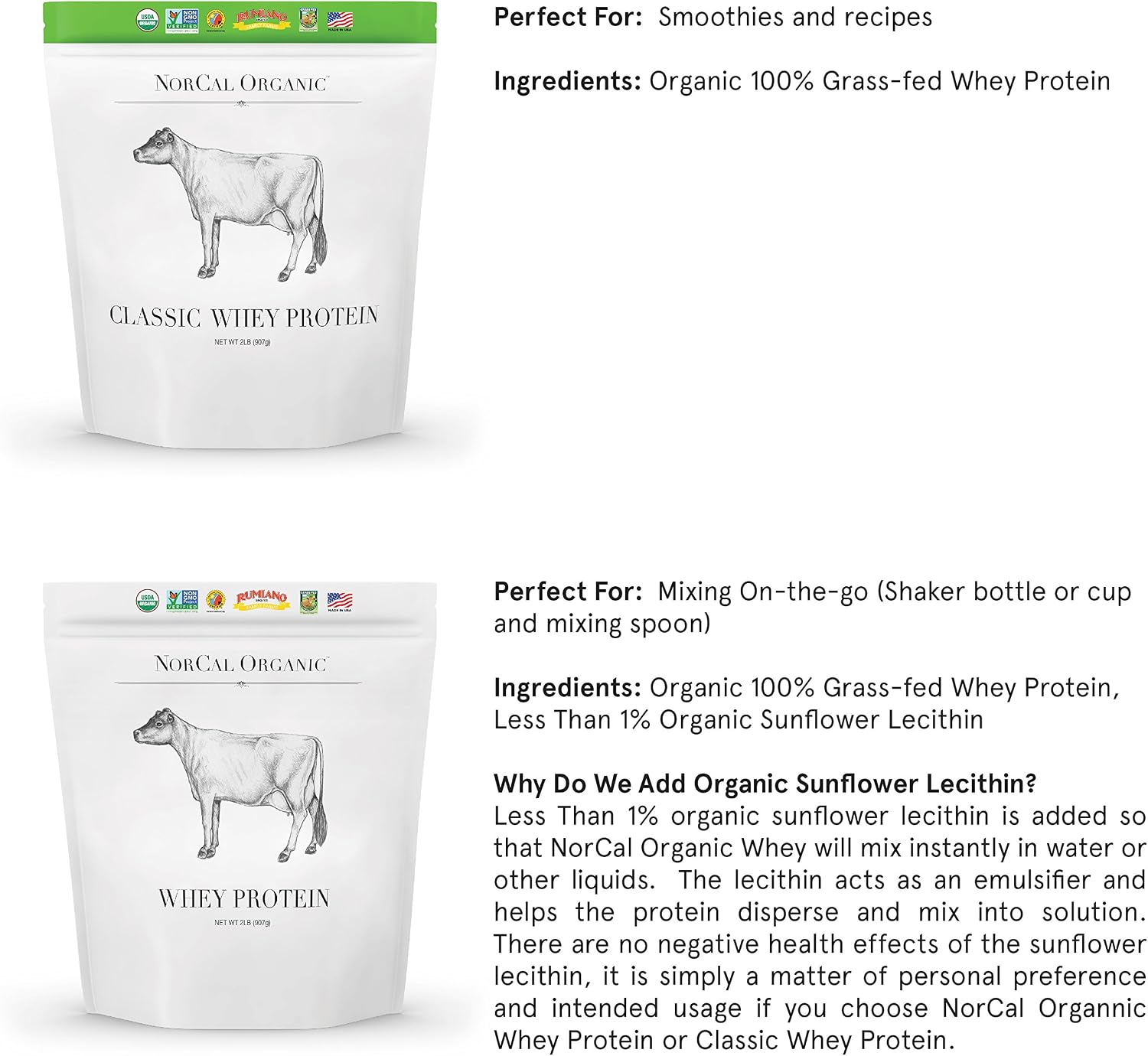 NorCal Organic Grass-Fed Whey Protein, USDA Certified, Unflavored, 2 lb
