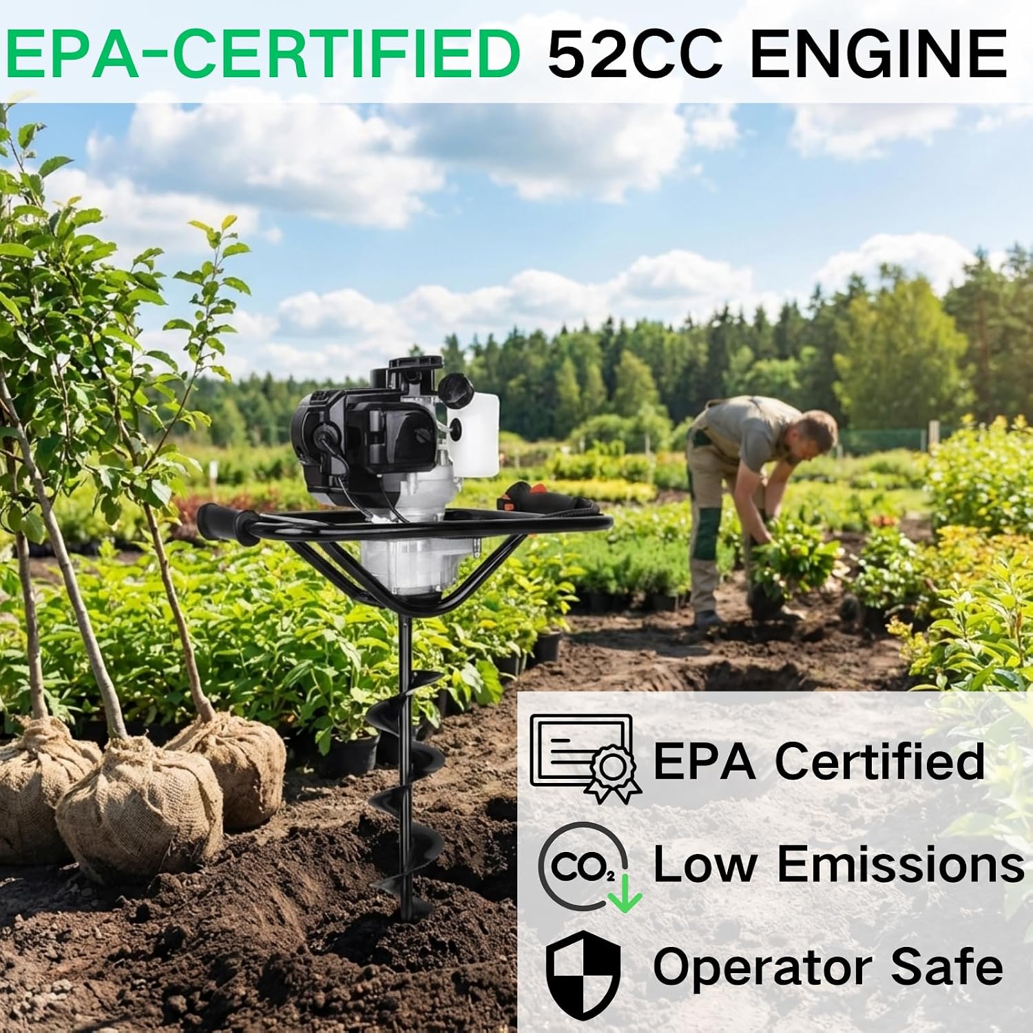 DC HOUSE 52cc 1800W Gas Powered Earth Auger EPA Certified Post Hole Digger, with 3 Drill Bits 4" 6" 8" and 3 Extension Rods 8" 12" 20"