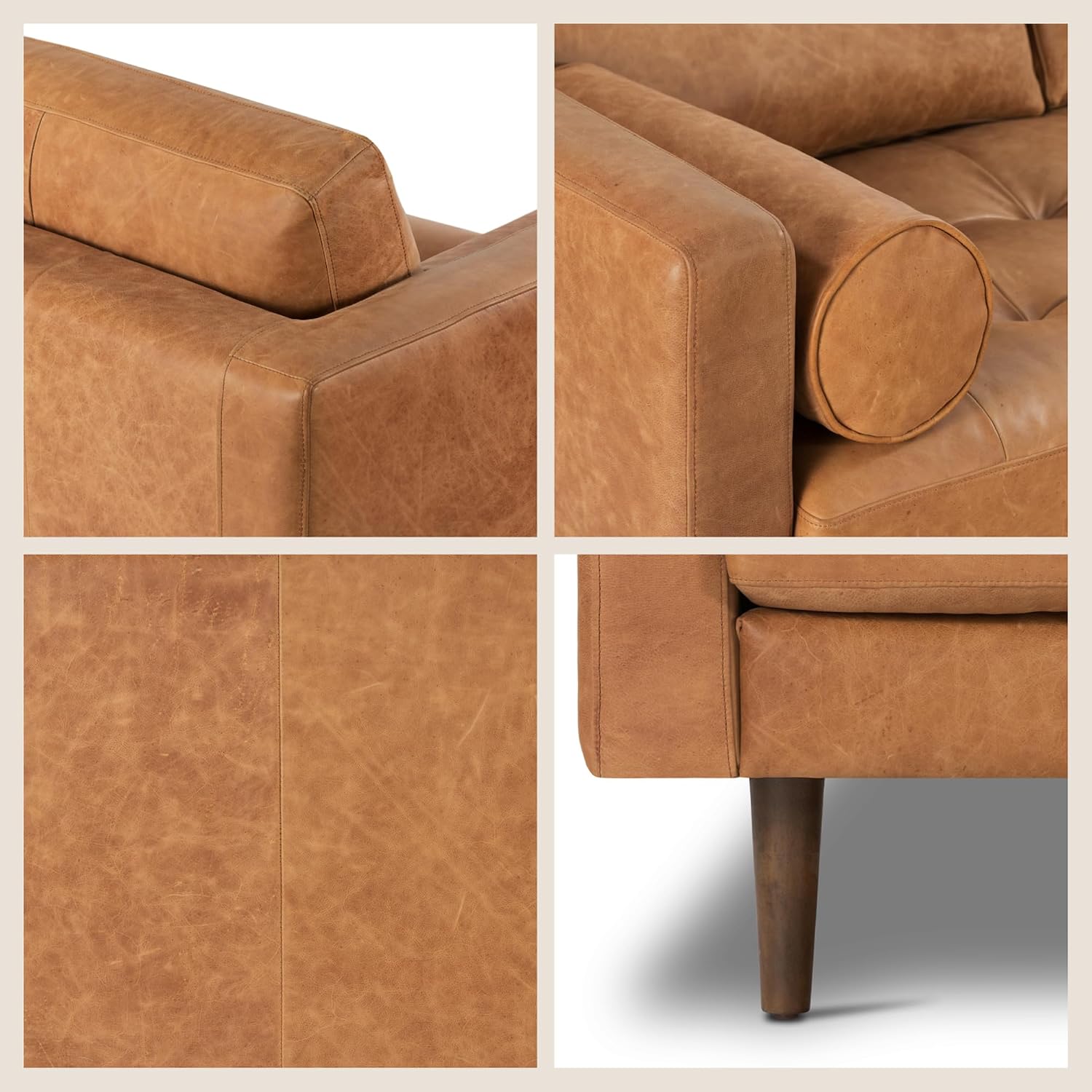Poly & BARK 55" Tufted Leather Bed Bench for Bedroom End of Bed - Living Room Entry Way Bench - Pure Italian Leather Upholstery with a Solid Wood Frame - Ottoman Bench with Wooden Legs - Cognac Tan