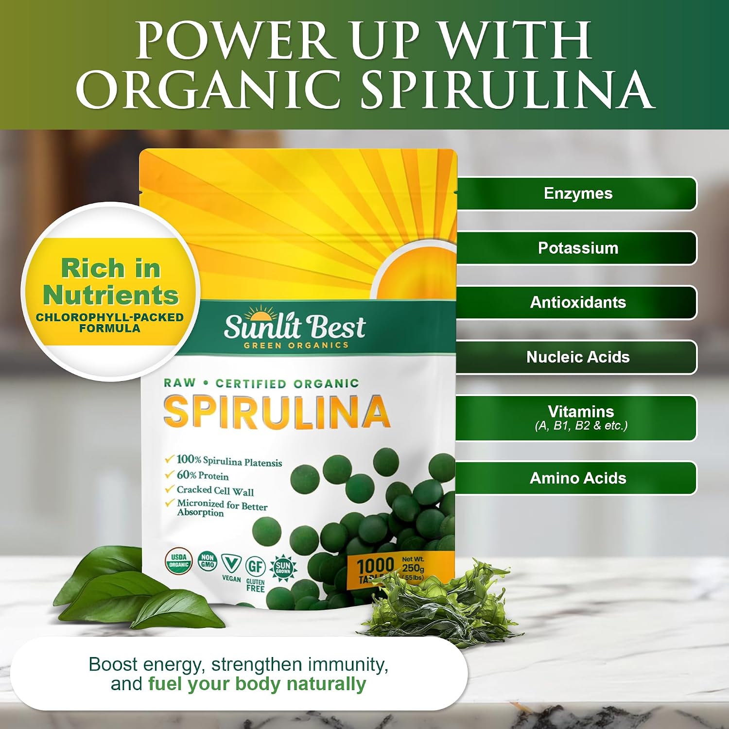 Sunlit Best Organic Spirulina Tablets, Pure Natural Superfood Pills 1000 CT | USDA Certified, 60% Vegan Protein, 18 Amino Acids, Chlorophyll Antioxidants Enzymes, Non GMO, Immune Liver & Energy Support