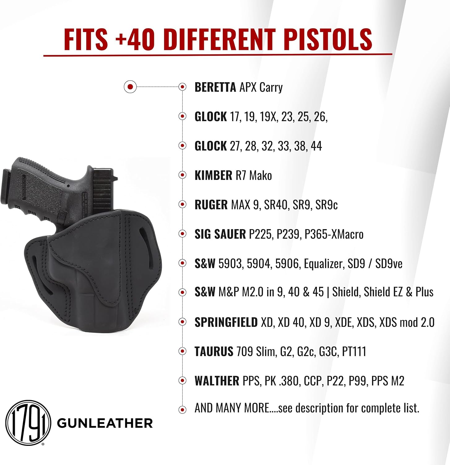 1791 Gunleather OWB Holster, Fits Glock 19, 26, 27, Shield Plus, VP40, XDS | Right-handed leather gun holster also fits Glock 17, 23, 19X, Sig P365 XMacro, Taurus G3C, Ruger Max 9, S&W Equalizer