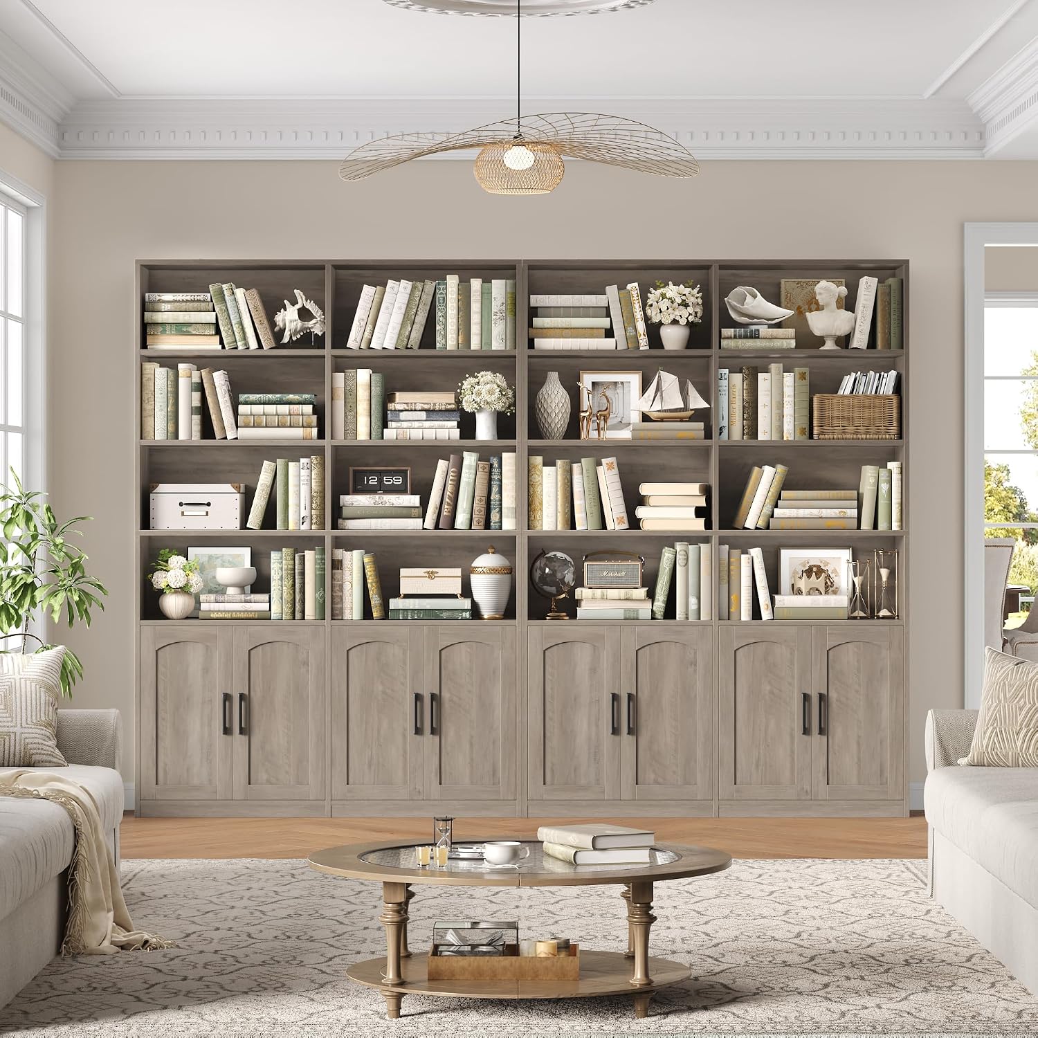 Bookshelf and Bookcase with Doors, Double Wide Large Bookshelves | Industrial Open Display Shelves 6 Tier, 73'' Tall Bookshelf with Storage Cabinets for Office,Home, Living Room, Library,White