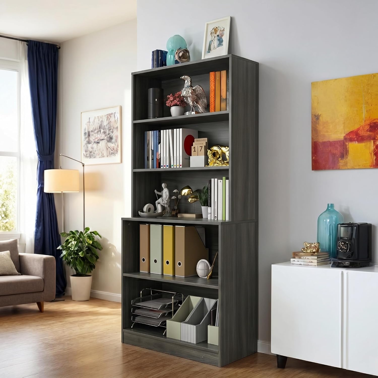 holzart 71" Tall Book Shelf, 5 Tier Large Bookshelf, Standing Wood Display Book Shelf for Living Room, Office, Library with Doors, 31.5" W x 70.87" H x 11.81" D, White