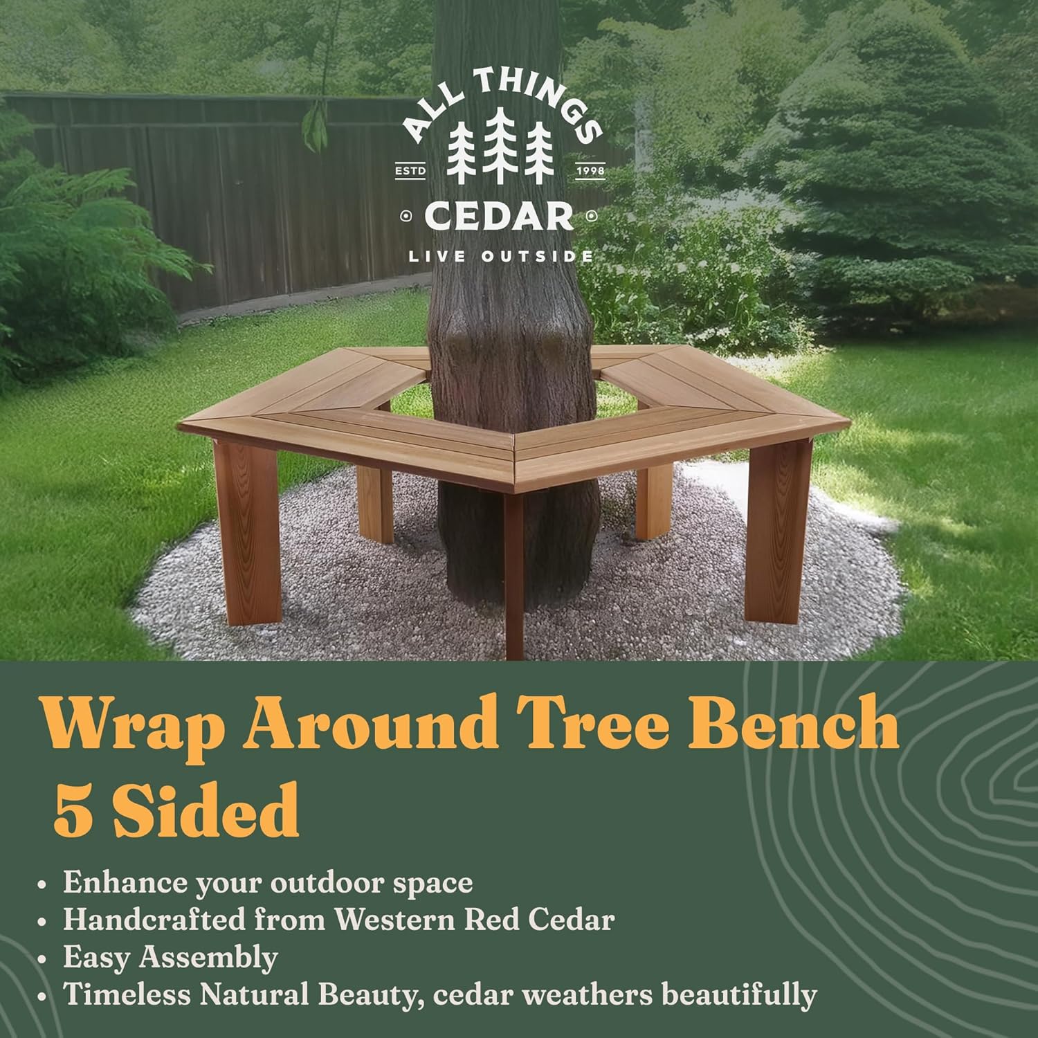 All Things Cedar 52 Inch Wood Tree Bench, 5 Sided Wrap Around Outdoor Seating, Natural