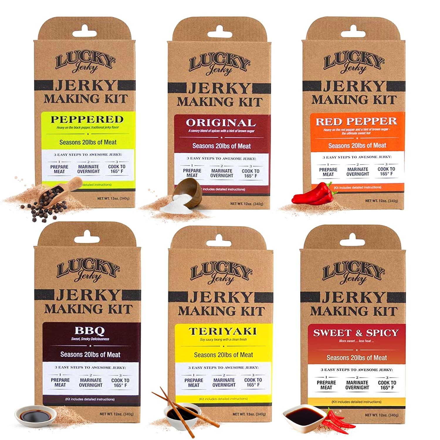 Lucky Jerky Ultimate Savory DIY Beef Jerky Seasoning and Cure Kit, 12 Oz | Make Your Own with Original, BBQ, Teriyaki, and Sweet & Spicy, Seasons 5 lbs per Flavor, 20 lbs Total
