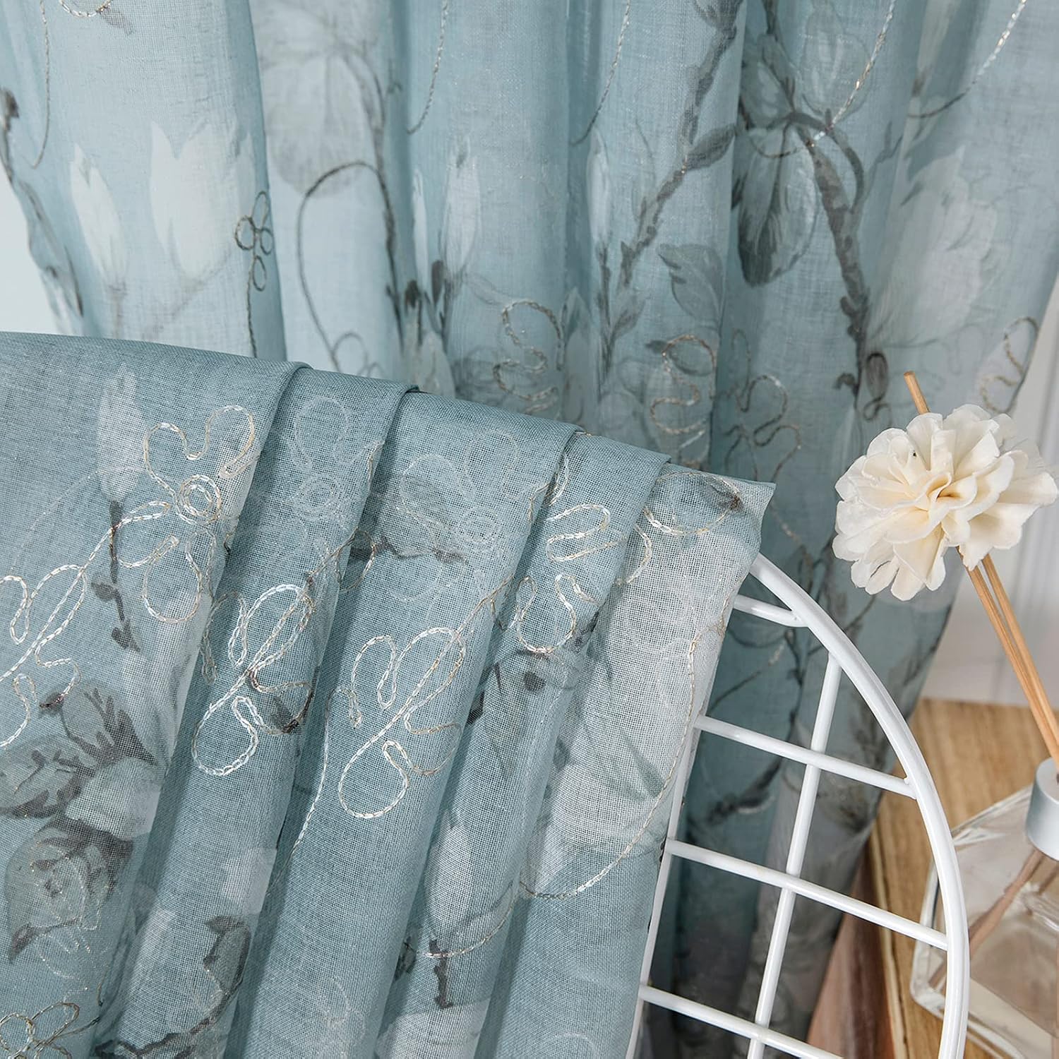 Tollpiz Floral Grey Sheer Curtain Flower Print Vine Embroidery Bedroom Curtains Rod Pocket Voile Window Curtain for Living Room, 54 x 84 inches Long