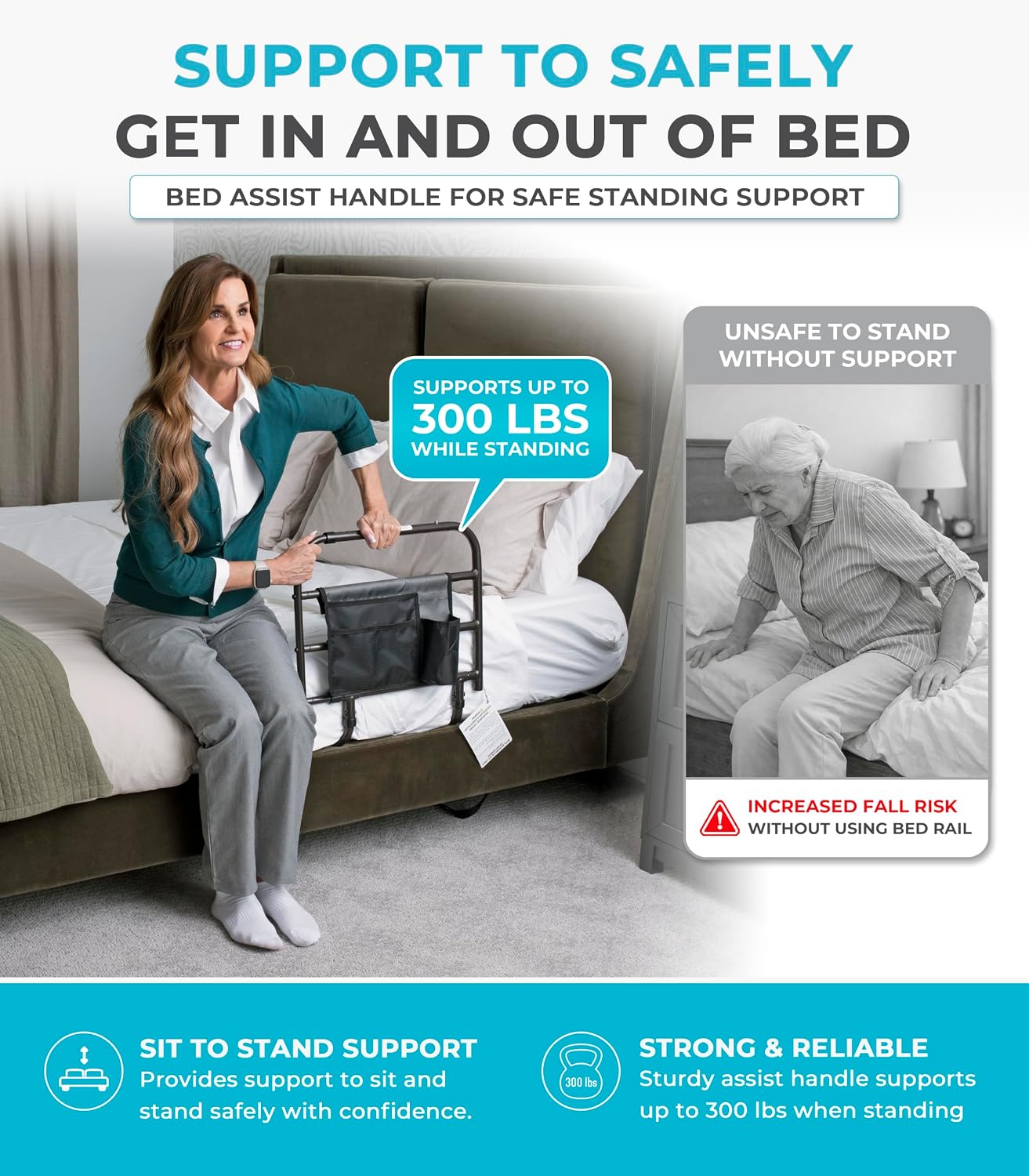 Stander EZ Adjust Bed Rail, Adjustable Senior Bedrail and Safety Assist Railing for Elderly Adults with Organizer Pouch