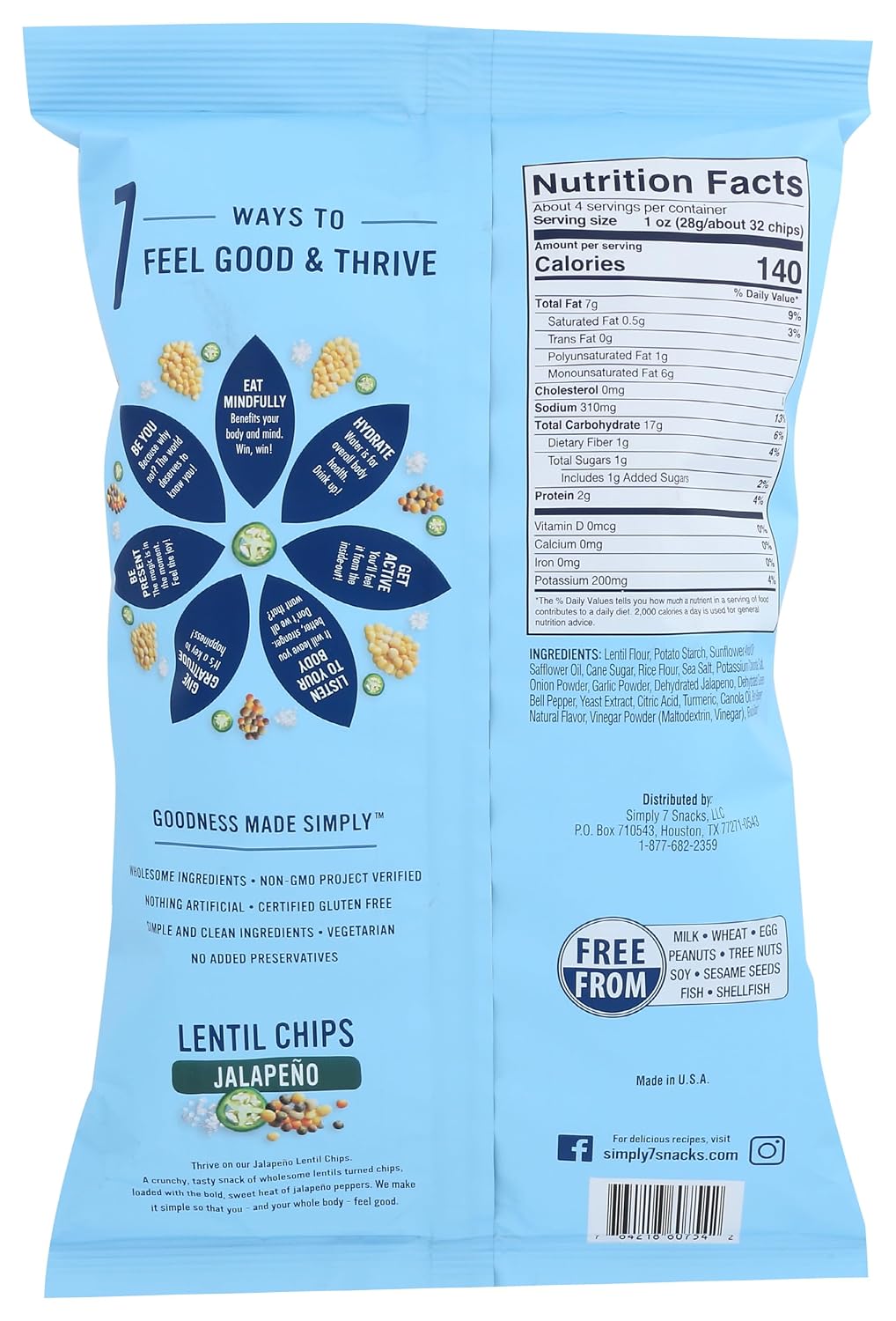 Simply 7 Lentil Chips, Jalapeno, 4-ounce Bags (Pack of 12)