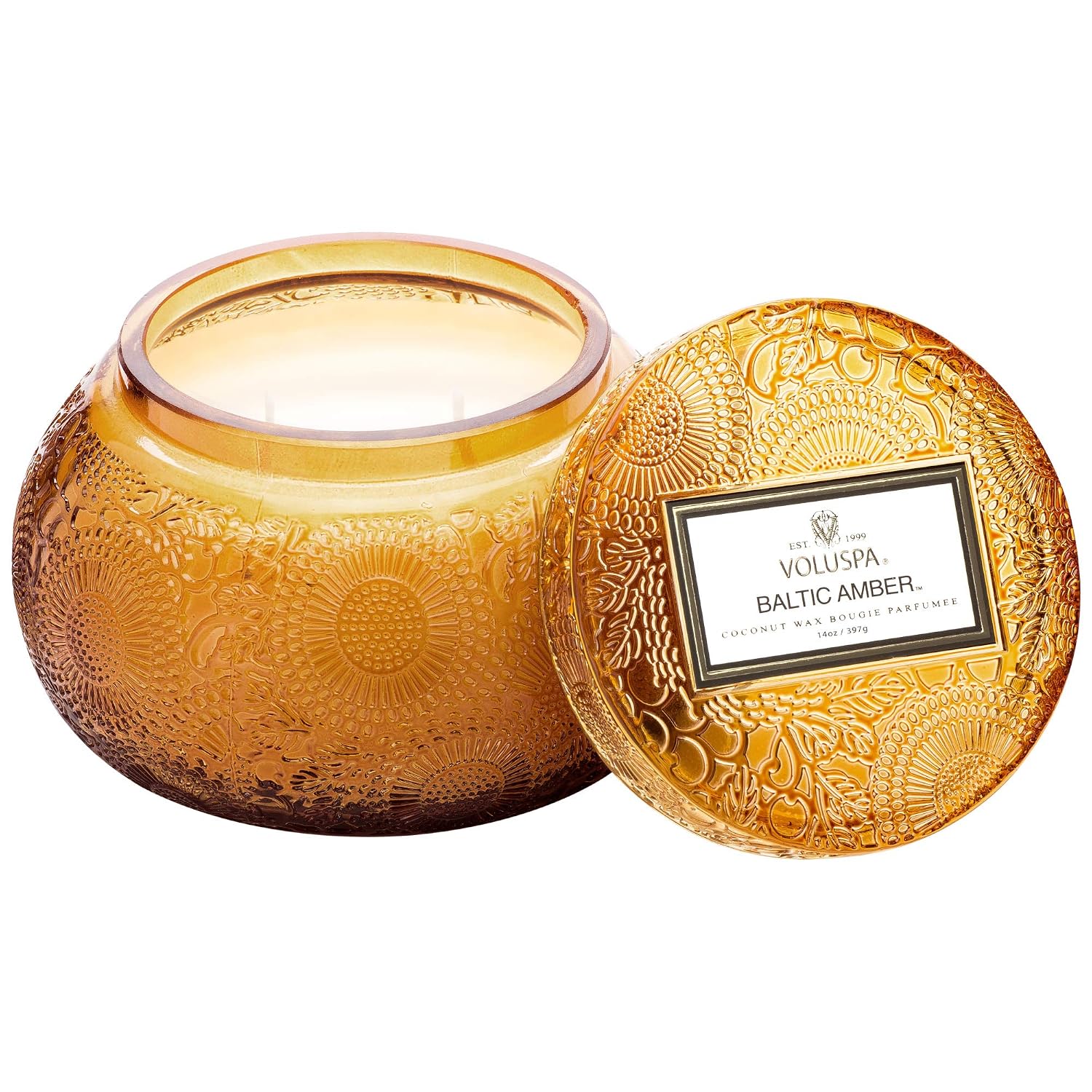 Voluspa Baltic Amber Candle | 14 Oz. | 50 Hour Burn Time | Embossed Glass Chawan Bowl | Coconut Wax and Natural Wicks for a Cleaner Burn | Vegan