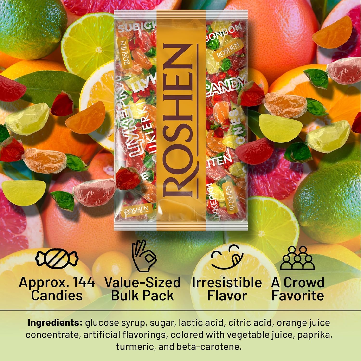 Roshen Citrus Mix Hard Candy – Assorted Fruit Flavors, Individually Wrapped, Bulk 2.2 lbs (1 kg) – Approx. 144 Pieces – Orange