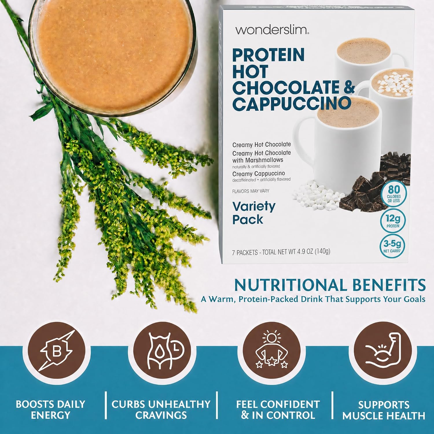 Wonderslim Protein Coffee Drink Mix with Casein Protein – 7 ct (Cappuccino) | With Collagen, 12g Protein, 70 Calories, Low Sugar, 3g Net Carbs, Keto Friendly, Gluten Free, GLP-1 Friendly Coffee Drink Mix
