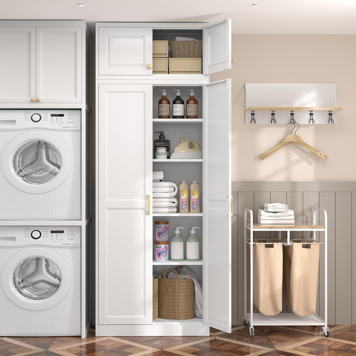 Steeloong 71"Metal Pantry Storage Cabinet with Doors & 4 Adjustable Shelves | Kitchen Pantry Cabinet,White Kitchen Cabinet with 2 Gold Handles,Tall Cabinet for Livingroom,Pantry, Bathroom,Kitchen