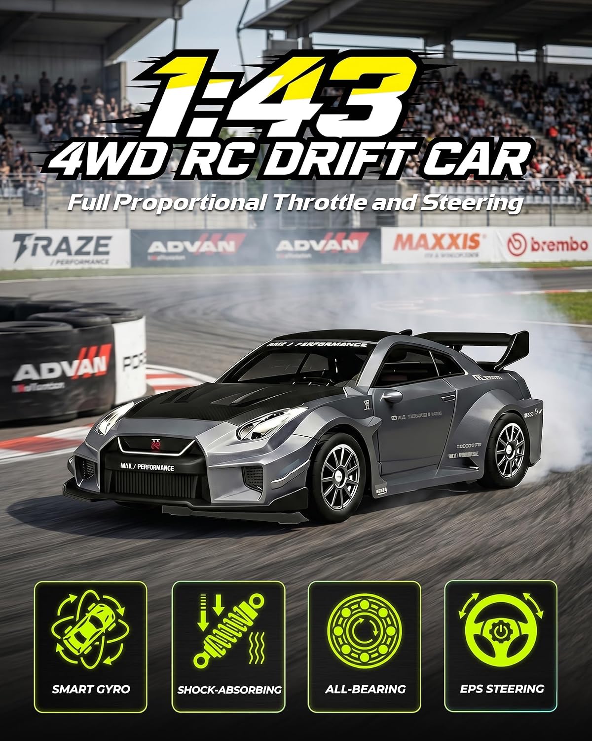 ARRIS 1/43 911 RC Drift Car 4WD with Gyro Full Proportional RTR | Alloy Body, 20KM/H Speed, Extra Drift Tires, Silent Bearings, LED Lighting