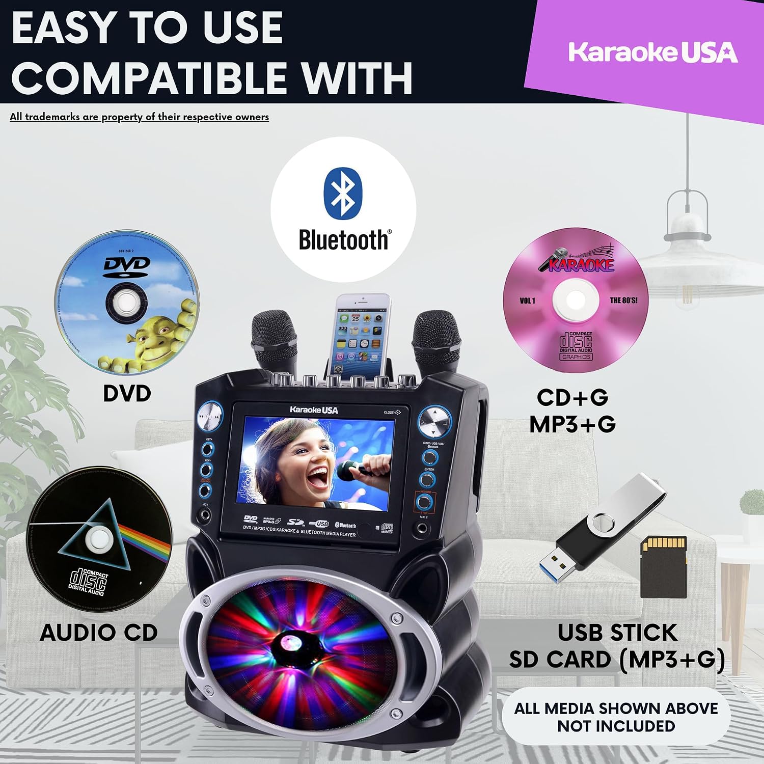 Karaoke Machine with Lyrics Display 7" Screen. CD+G, DVD, MP3+G, MP3