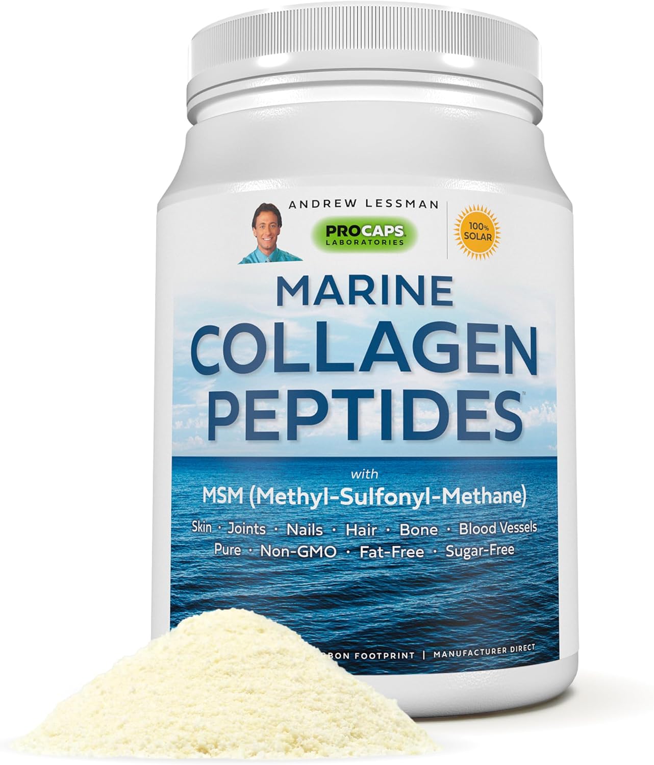 Andrew Lessman ProCaps Marine Collagen with MSM Powder 30 Servings | Marine Collagen with MSM supports healthy skin, joints, bones, hair and nails in a pure, unflavored, super-soluble powder.