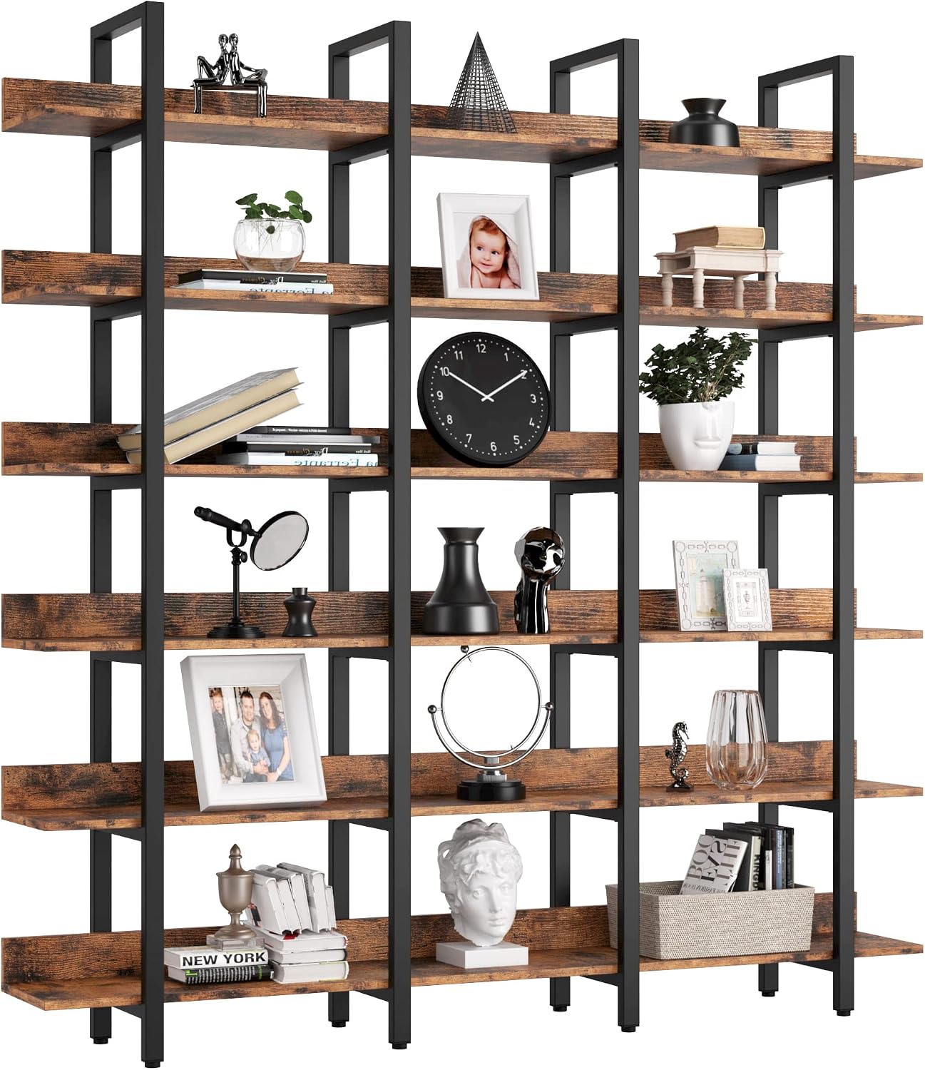 IRONCK Book Shelf Triple Wide Bookshelves 6 Tiers with Back Fence | Large Open Shelves, Etagere Bookcases, Home Office, Easy Assembly, Vintage Brown