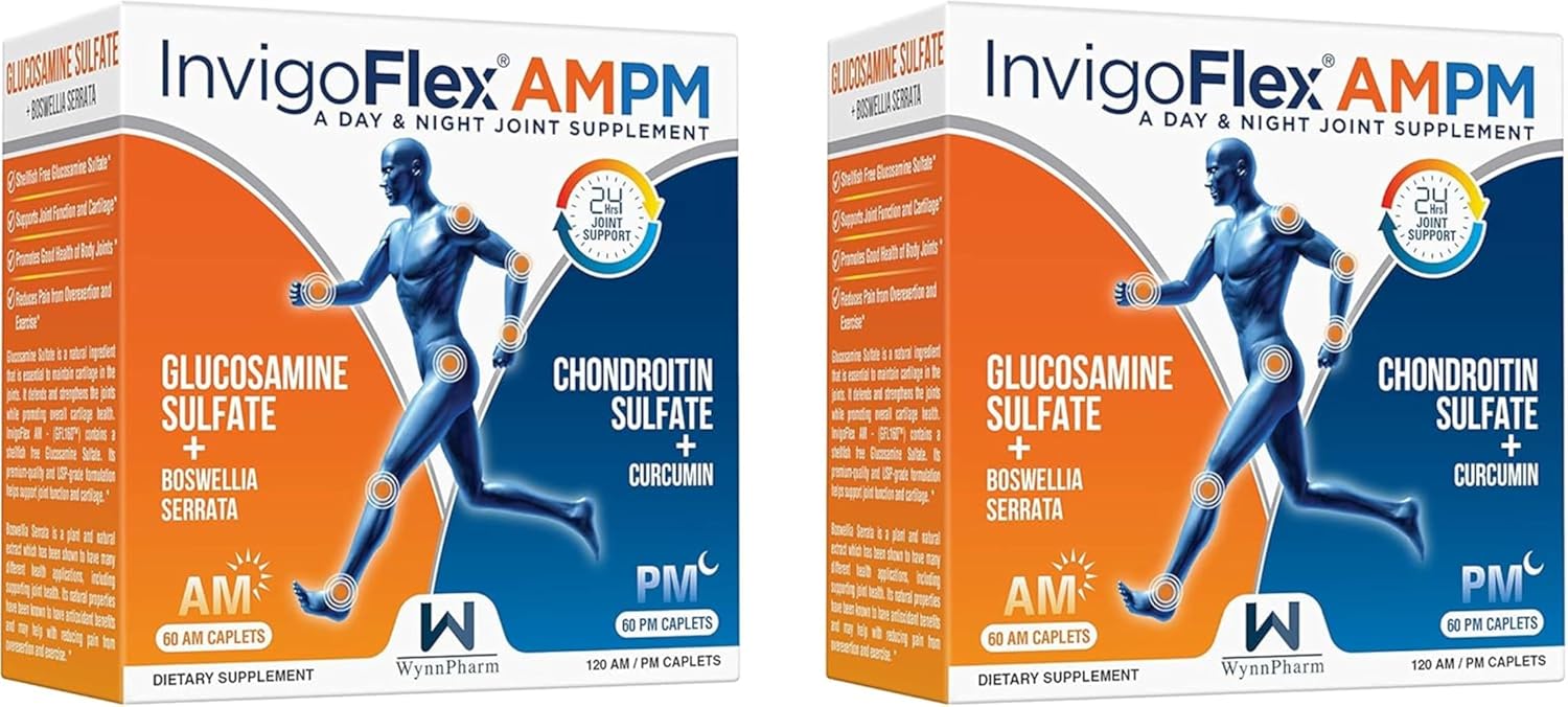 INVIGOFLEX® AMPM - Glucosamine & Chondroitin Sulfate - Turmeric Curcumin - Boswellia Serrata (Non GMO) for Knees, Hands, Back and Hip 24 - Hour Premium Joint Supplement