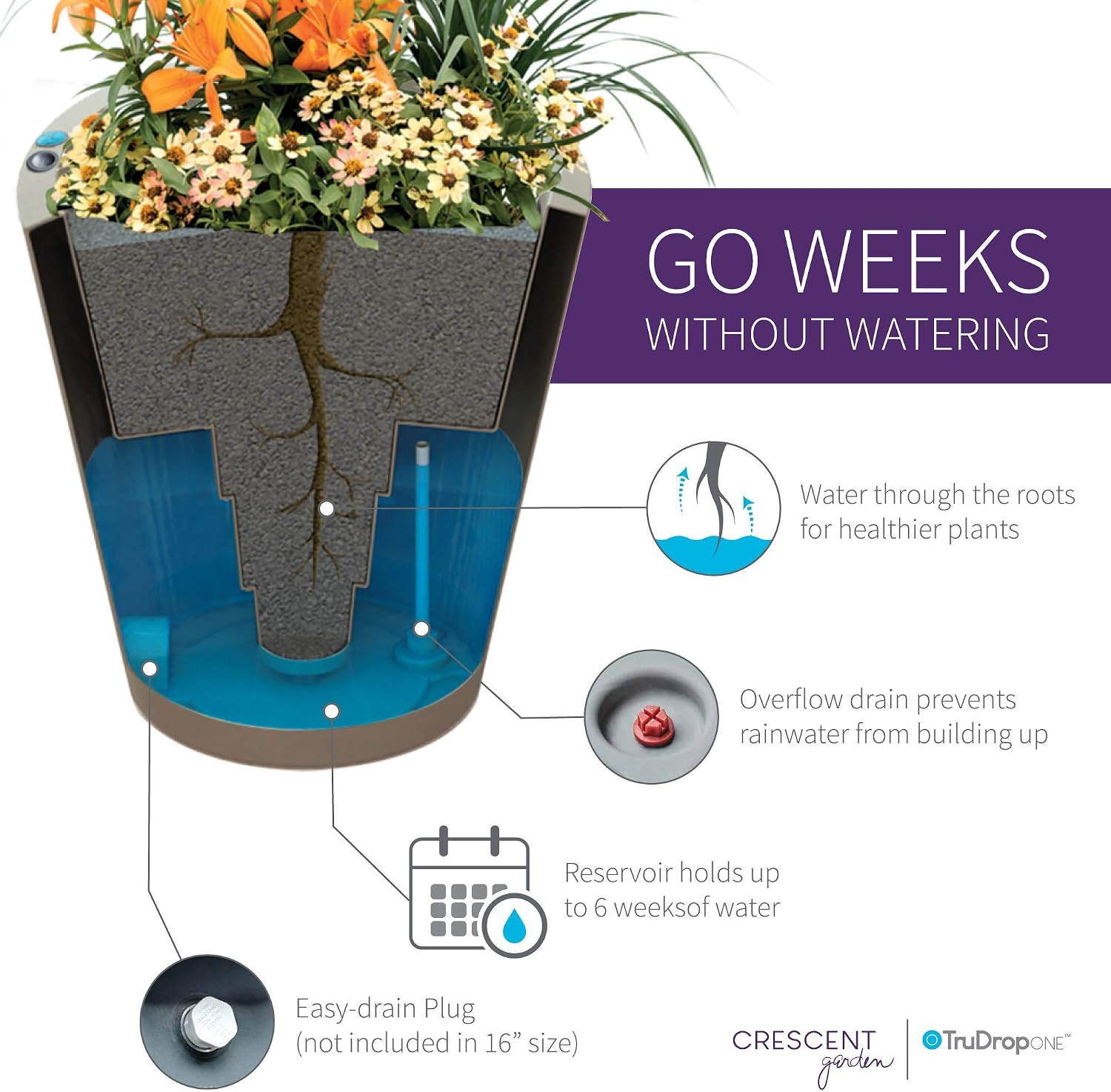 Crescent Garden Dot TruDrop Indoor/Outdoor Planter, Self-Watering Plant Pot, 20 Inches, (Mocha)