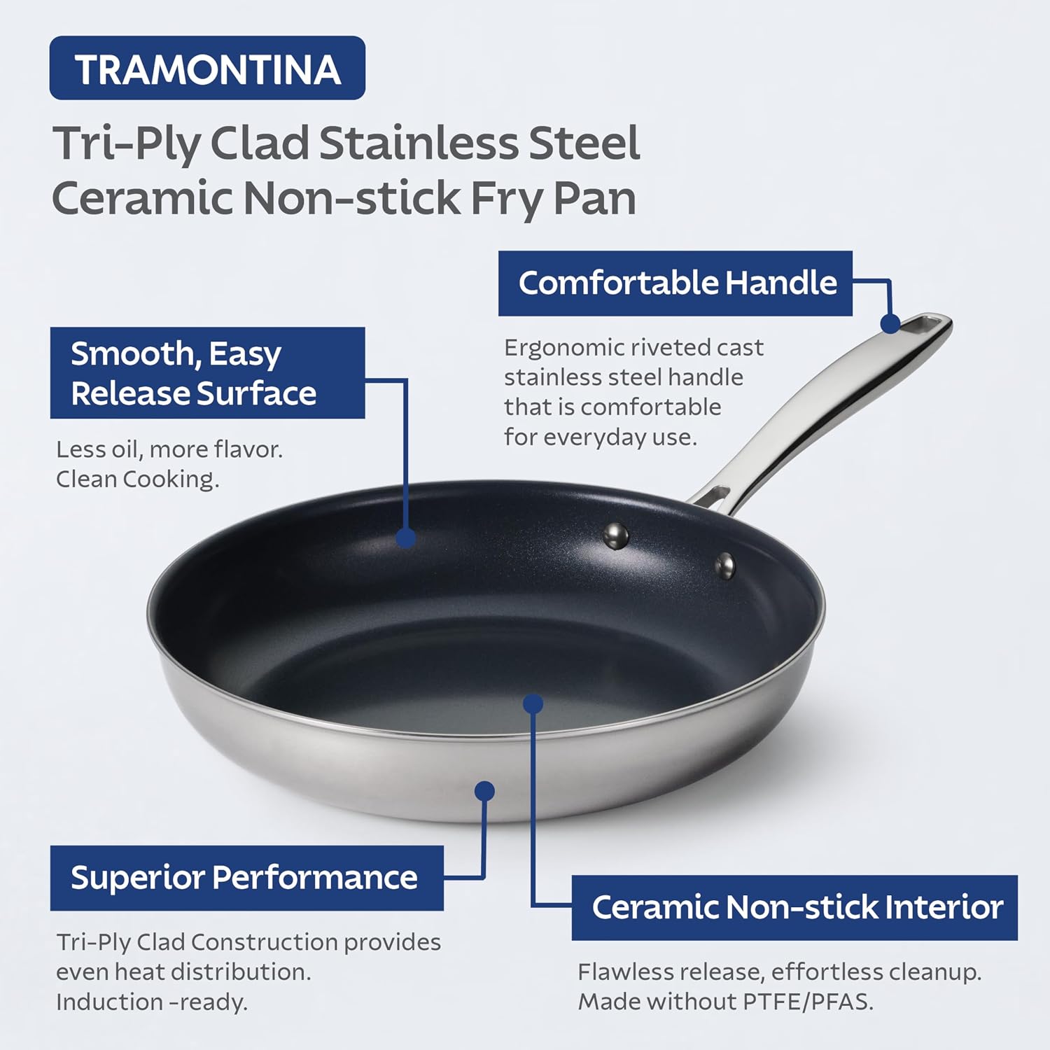 Tramontina Signature Tri-Ply Clad Stainless Steel 12-Inch Large Frying Pan | Induction-Ready Skillet, Dishwasher-Safe, NSF-Certified