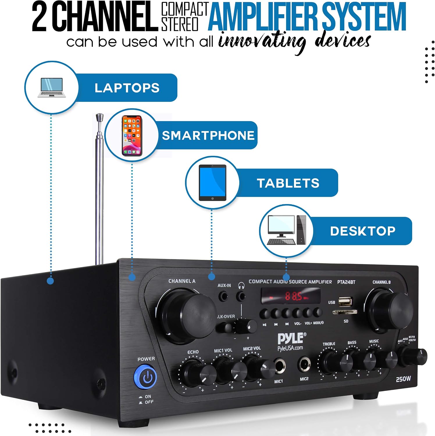 Pyle 2-Channel Bluetooth Home Stereo Amplifier - 250W Wireless Audio Receiver, Karaoke Optimized: Dual Mic In with Echo, Mic Talk-Over, FM Radio