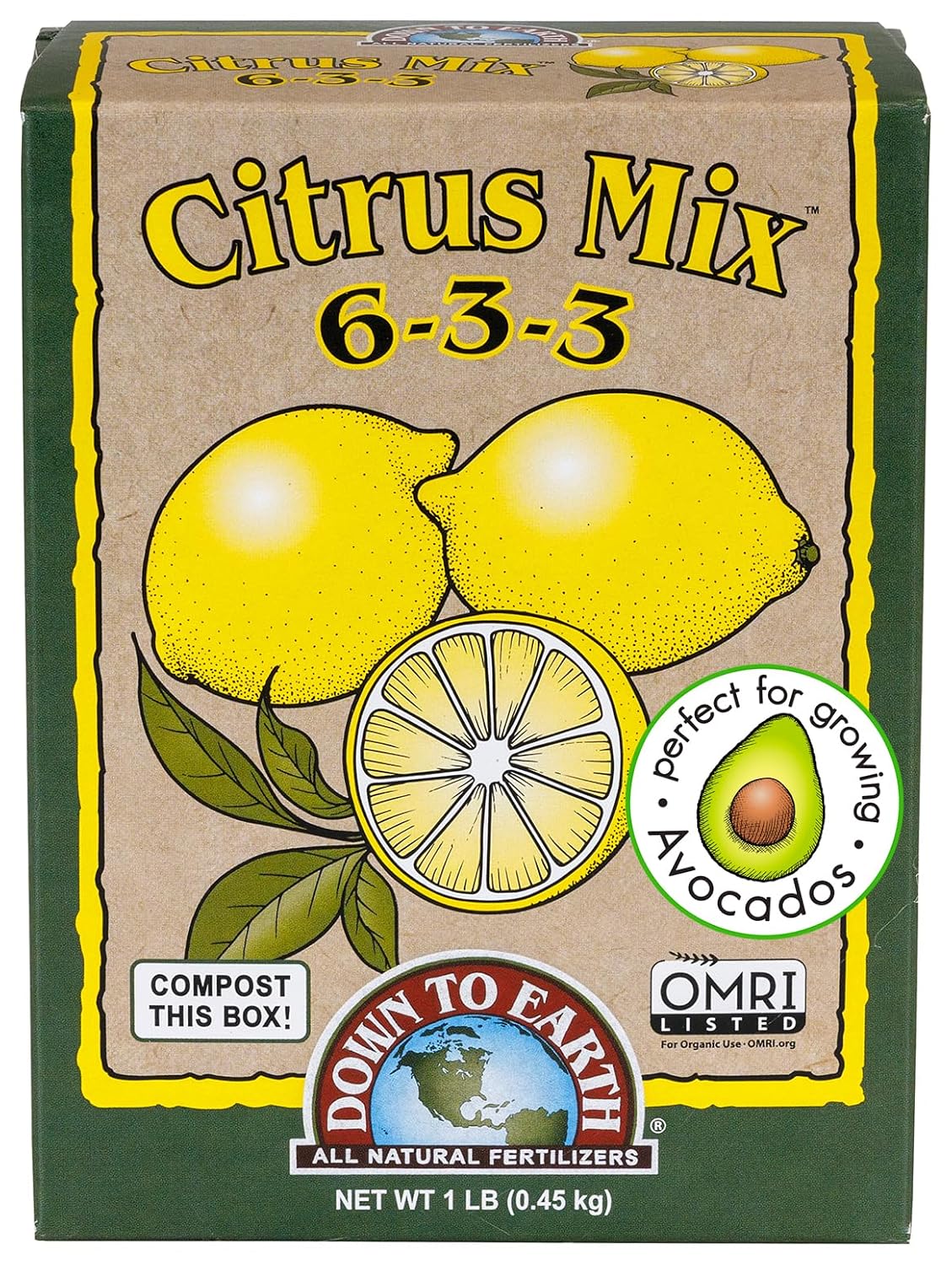 Down To Earth All Natural Fertilizers Organic Citrus Mix - 6-3-3, 1 lb | Plant Food for Lemons, Limes, Oranges, Avocados, Fruit Trees, Vines, Contains Nitrogen, Zinc, Iron, For Blossoms and Fruits