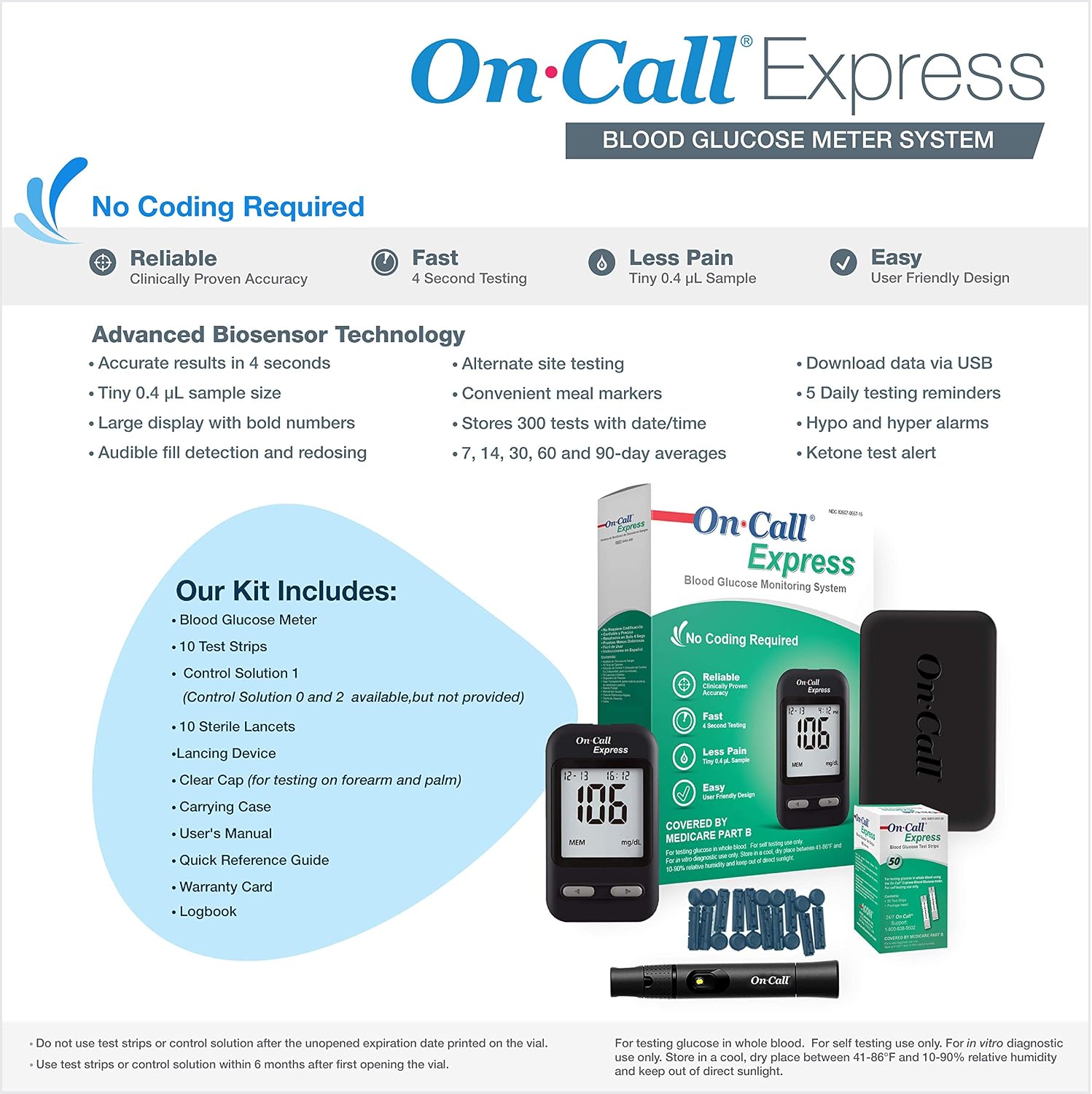 On Call Express Diabetes Testing Kit- Blood Glucose Meter, 10 Blood Test Strips, 1 Lancing Device, 30g Lancets, Control Solution, Carrying Case