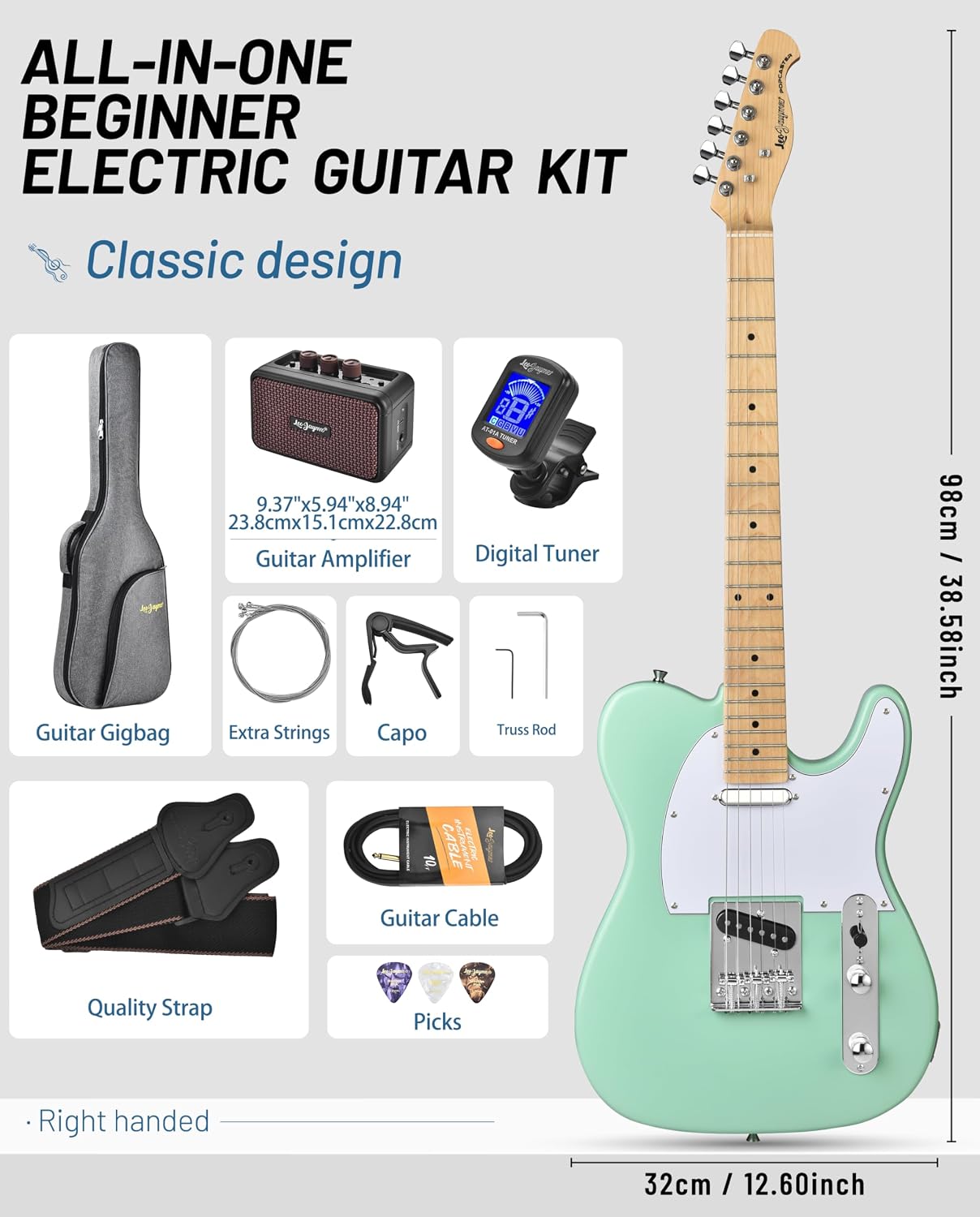 Leo Jaymz Beginner Electric Guitar Complete Kit with Portable Amp, Padded Gig Bag & Full Accessories, Maple Neck (TL-White)