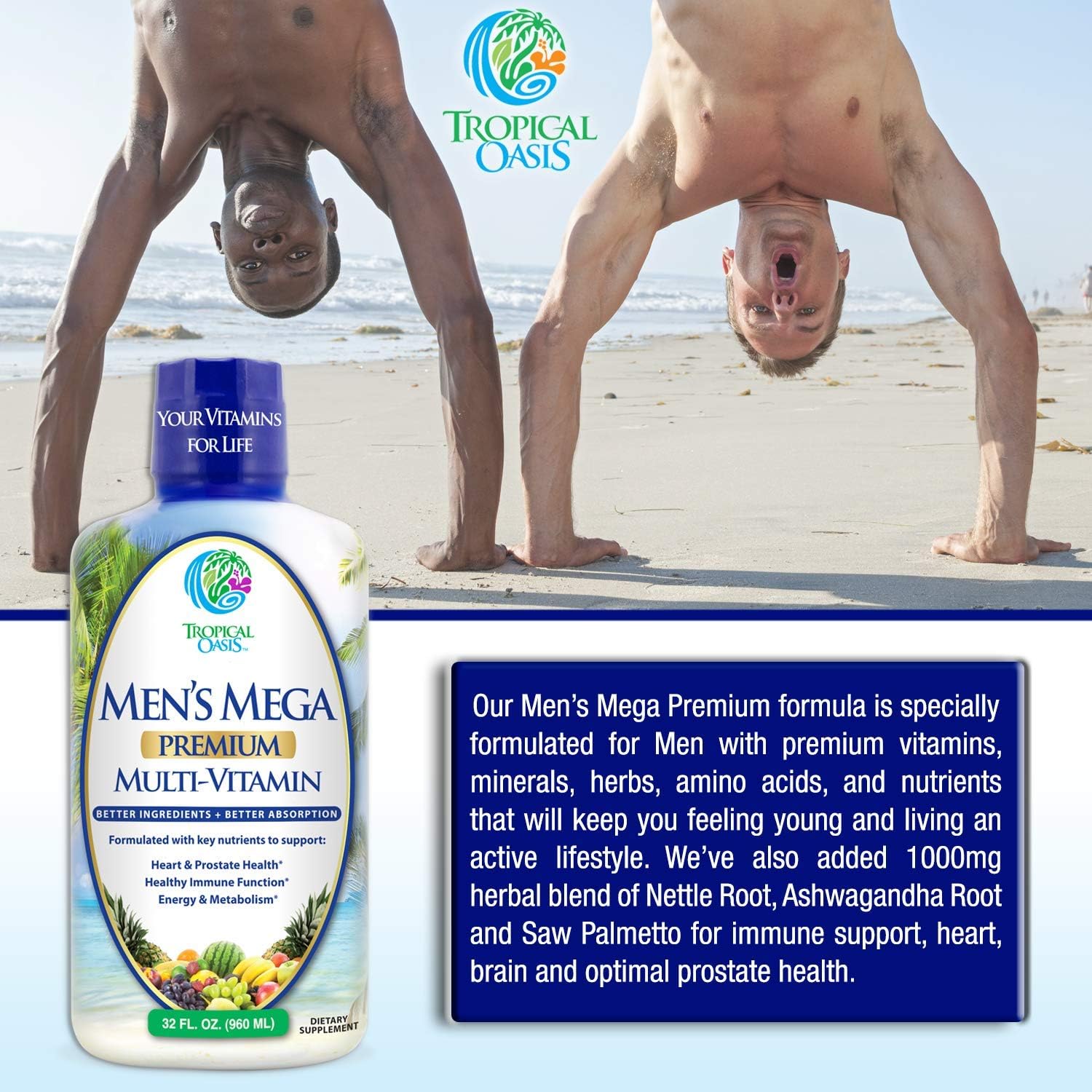 Tropical Oasis Adult Liquid Multivitamin -Liquid Multi-Vitamin and Mineral Supplement with 125 Total Nutrients Including; 85 Vitamins & Minerals, 23 Amino Acids, and 18 Herbs - 16 fl oz, 32 serv