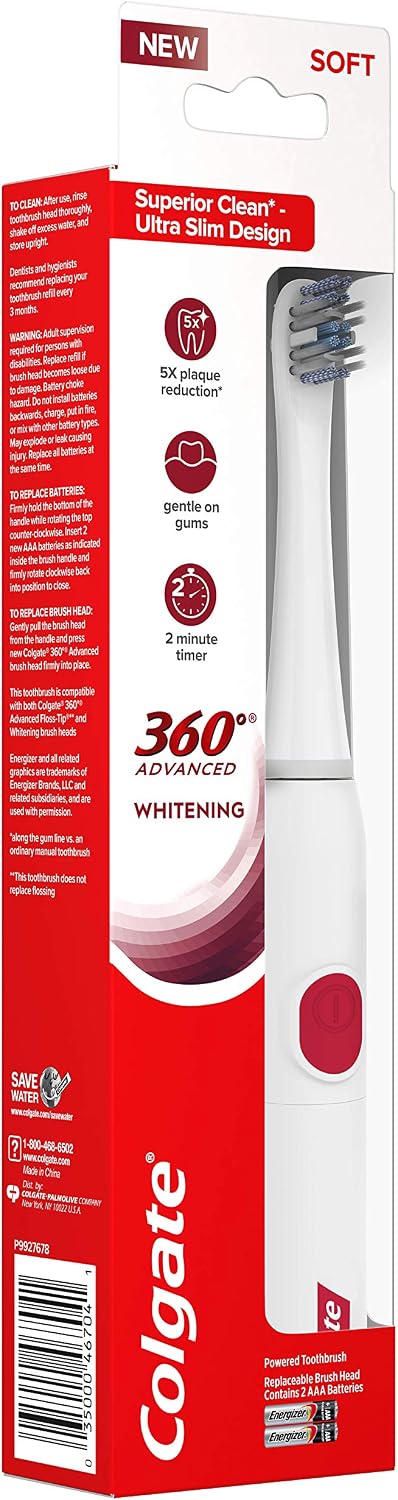 Colgate, 360 Advanced Sonic Battery Power Toothbrush Soft, Whitening, 1 Count