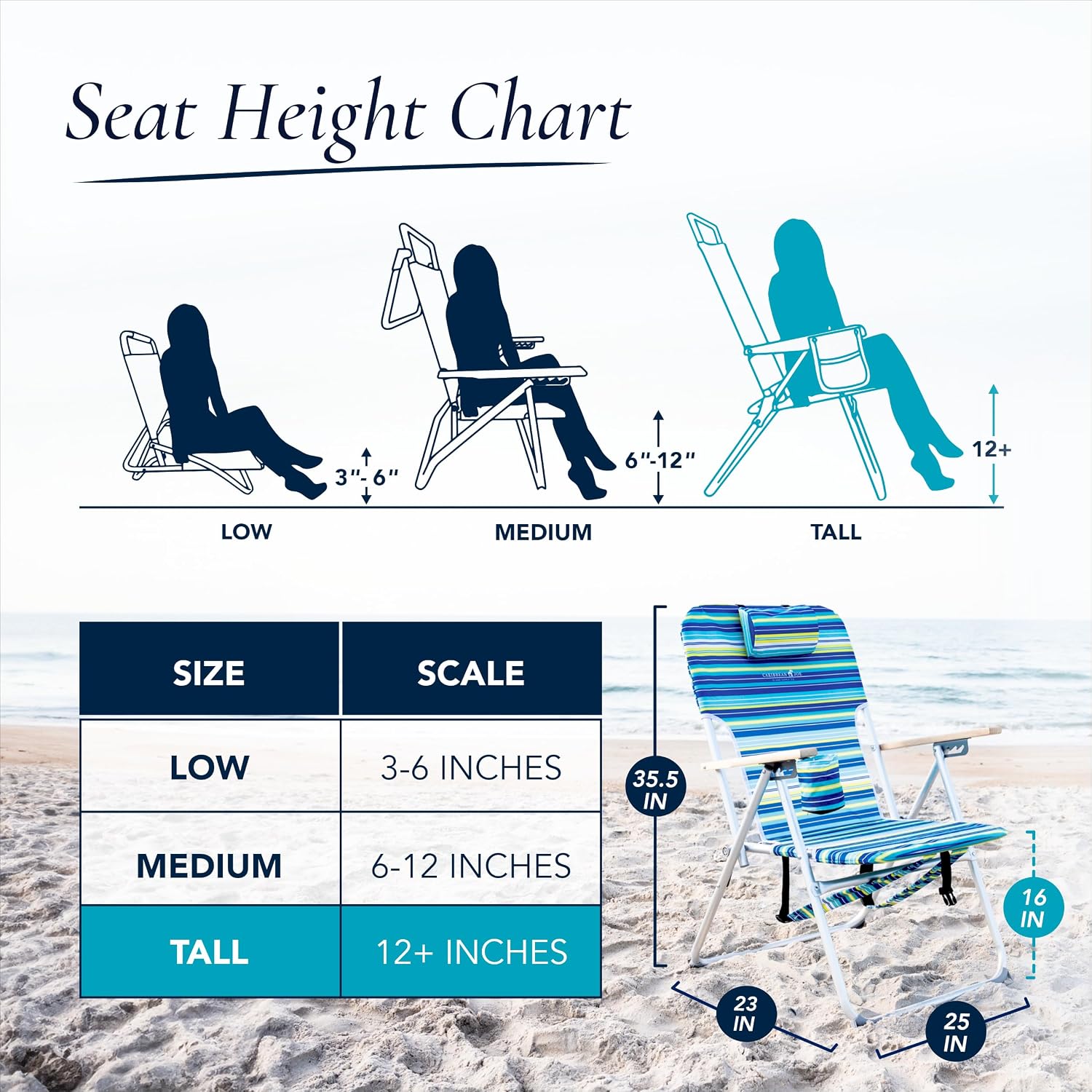 CARIBBEAN JOE Folding Beach Chair, 4 Position Portable Backpack Foldable Camping Chair with Headrest, Cup Holder, and Wooden Armrests