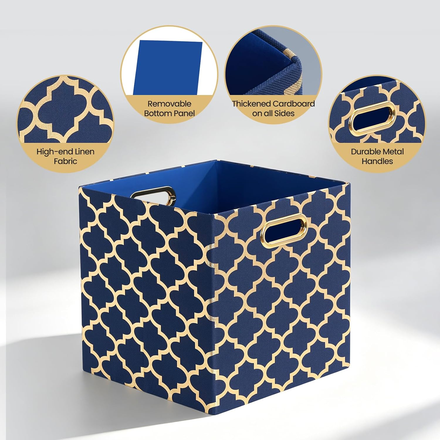 Posprica Storage Bins, Storage Cubes,13×13 Fabric Drawers Organizer Basket Boxes Containers (13×13×13/4pcs, Cream/gold geometry Pattern)