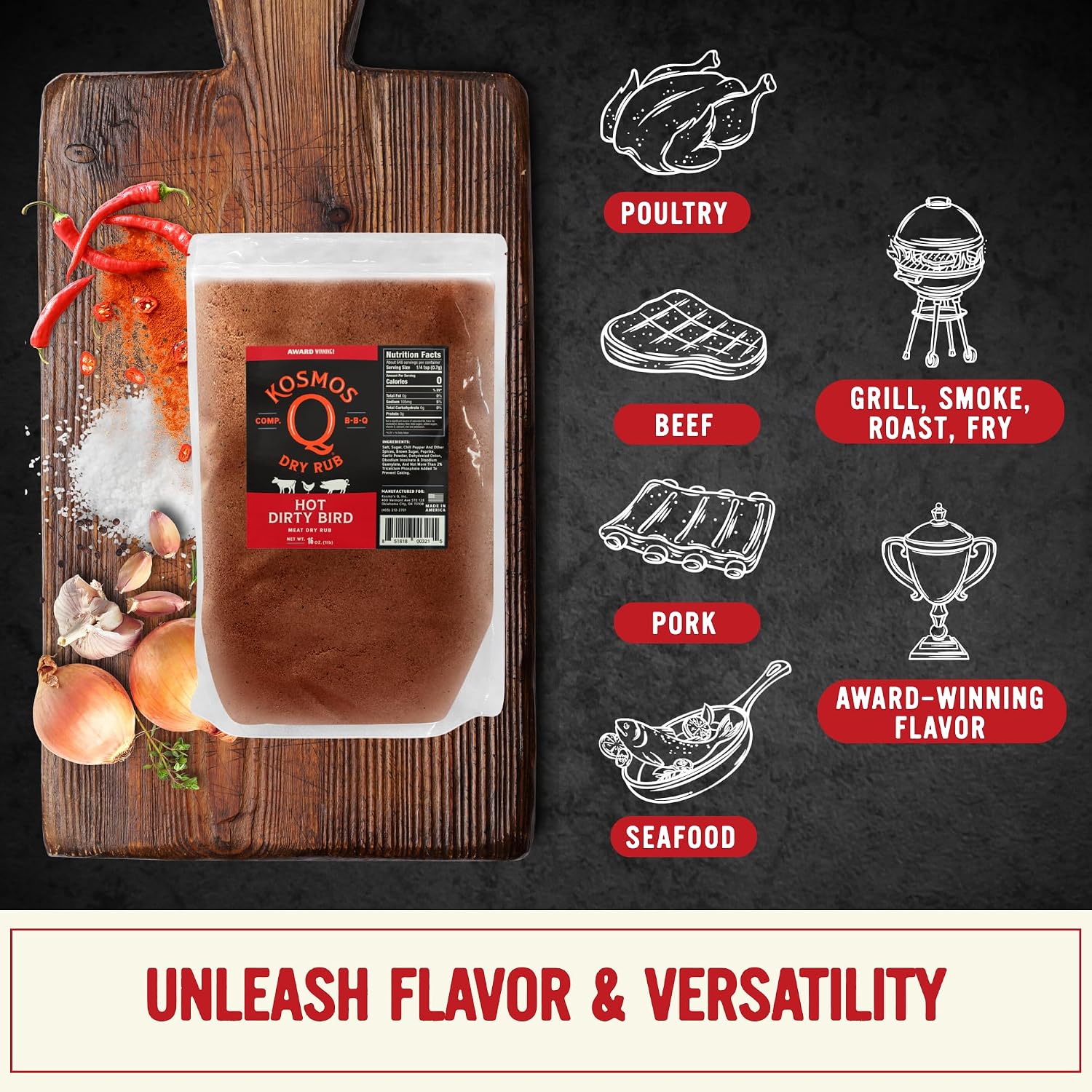 Kosmos Q Hot Dirty Bird BBQ Dry Rub, Spicy Seasoning with Chili Pepper, Brown Sugar, Garlic & Onion for Chicken, Turkey, Ribs, Pork, Dry Rub for Smoking & Grilling Meat, BBQ Spice Blend, 11 Oz Bag