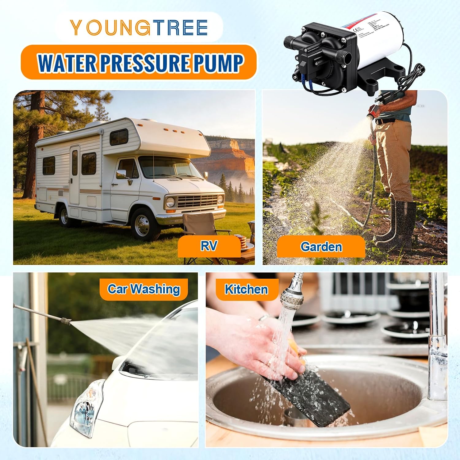 YOUNGTREE 55-Series 110V AC Fresh Water Diaphragm Pump 7GPM 70PSI 110volt 5-Chamber Water Pressure Washdown Pump On Demand with Pressure Switch for Irrigating, Home, Sprinkler, RV, Marine