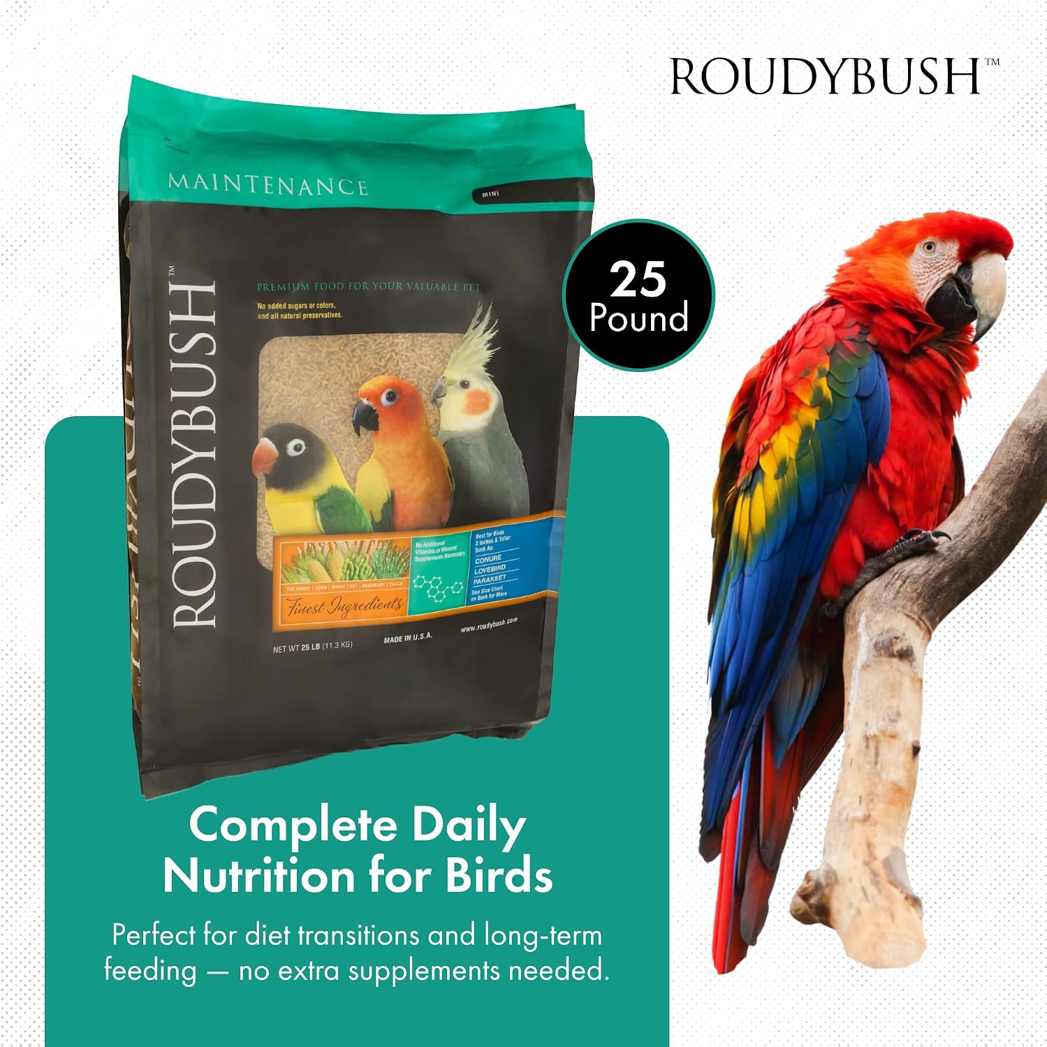 RoudyBush Daily Maintenance Food for Birds - Scientifically Formulated Bird Feed - Bird Food Pellets w/Corn, Wheat, Soy & More - Nutritious & Healthy Feed for Birds (Mini, 44oz)