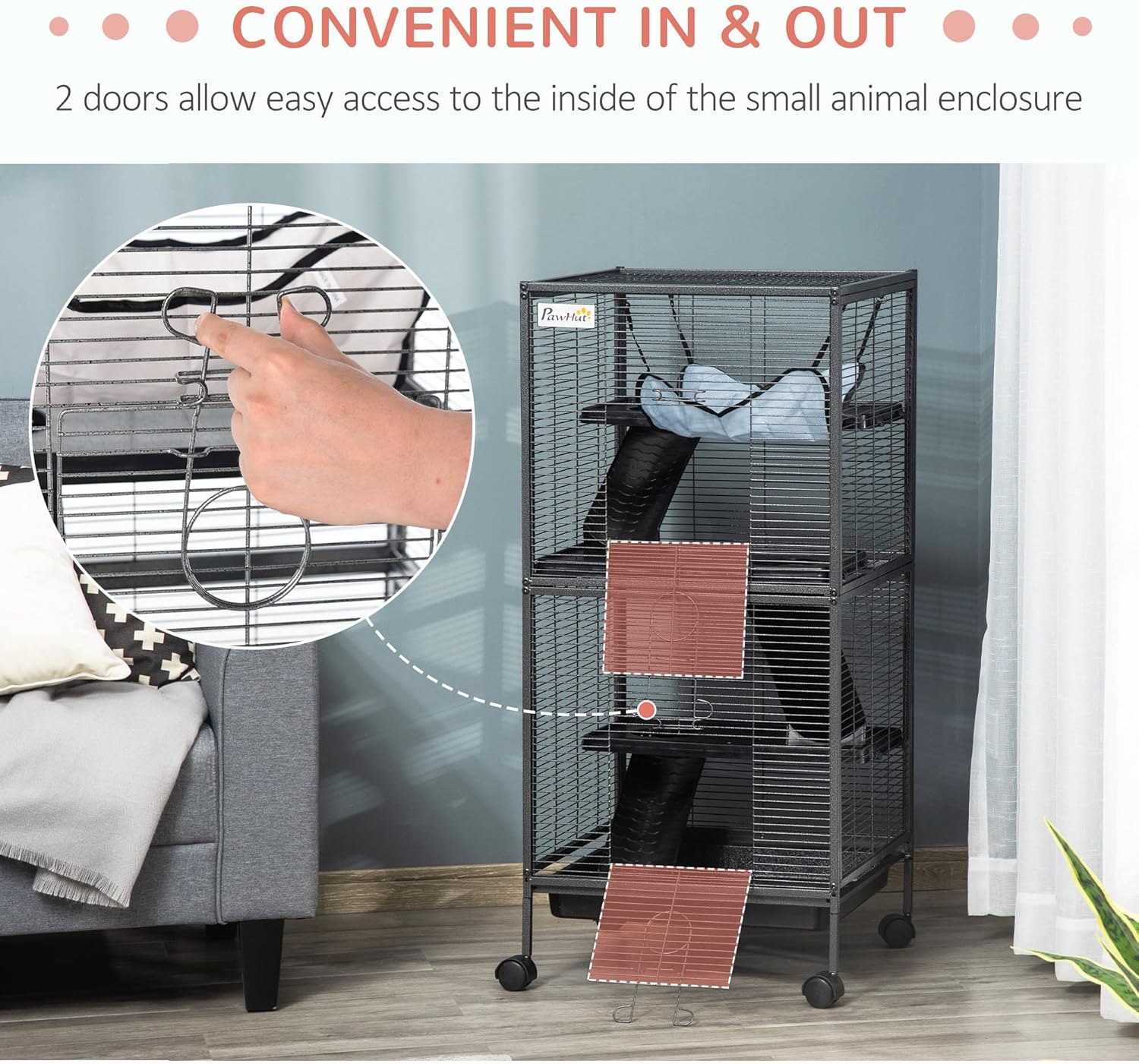 PawHut Metal Small Animal Cage, 4-Tiers Rolling Big Ferret Cage, Gray