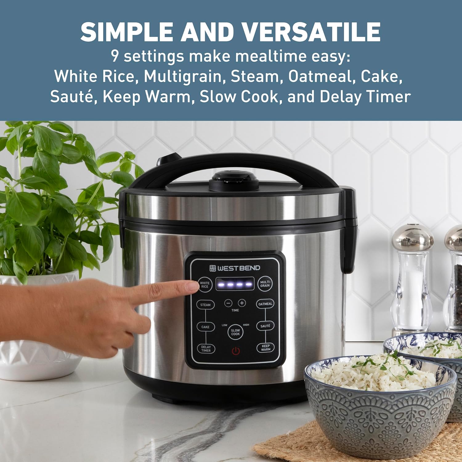 West Bend Rice & Grain Multi Cooker Programmable with 9 Preset Functions, Features Delay Start and Keep Warm Functions and Steam Basket, 20 Cups Cooked (10 cups uncooked), Stainless Steel