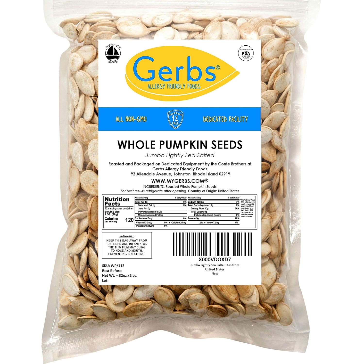 Gerbs Raw Whole Pumpkin Seeds 2 lbs. | In-Shell, 10.5 mm Size, Resealable Bag | Mildly Nutty & Crunchy | Top 14 Allergen-Free