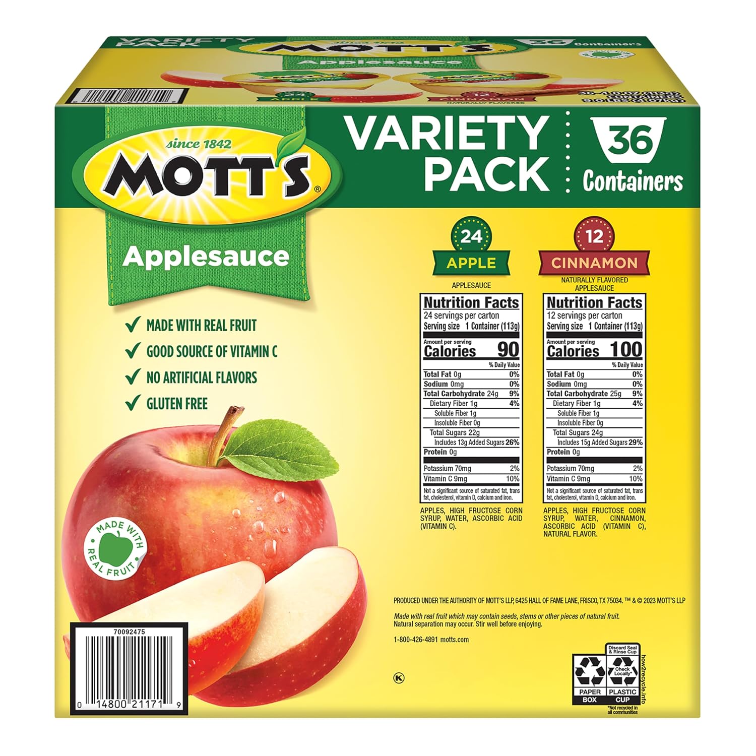 Mott's Applesauce, 4 Oz Cups, 36 Count, No Artificial Flavors, Good Source of Vitamin C, Nutritious Option for The Whole Family