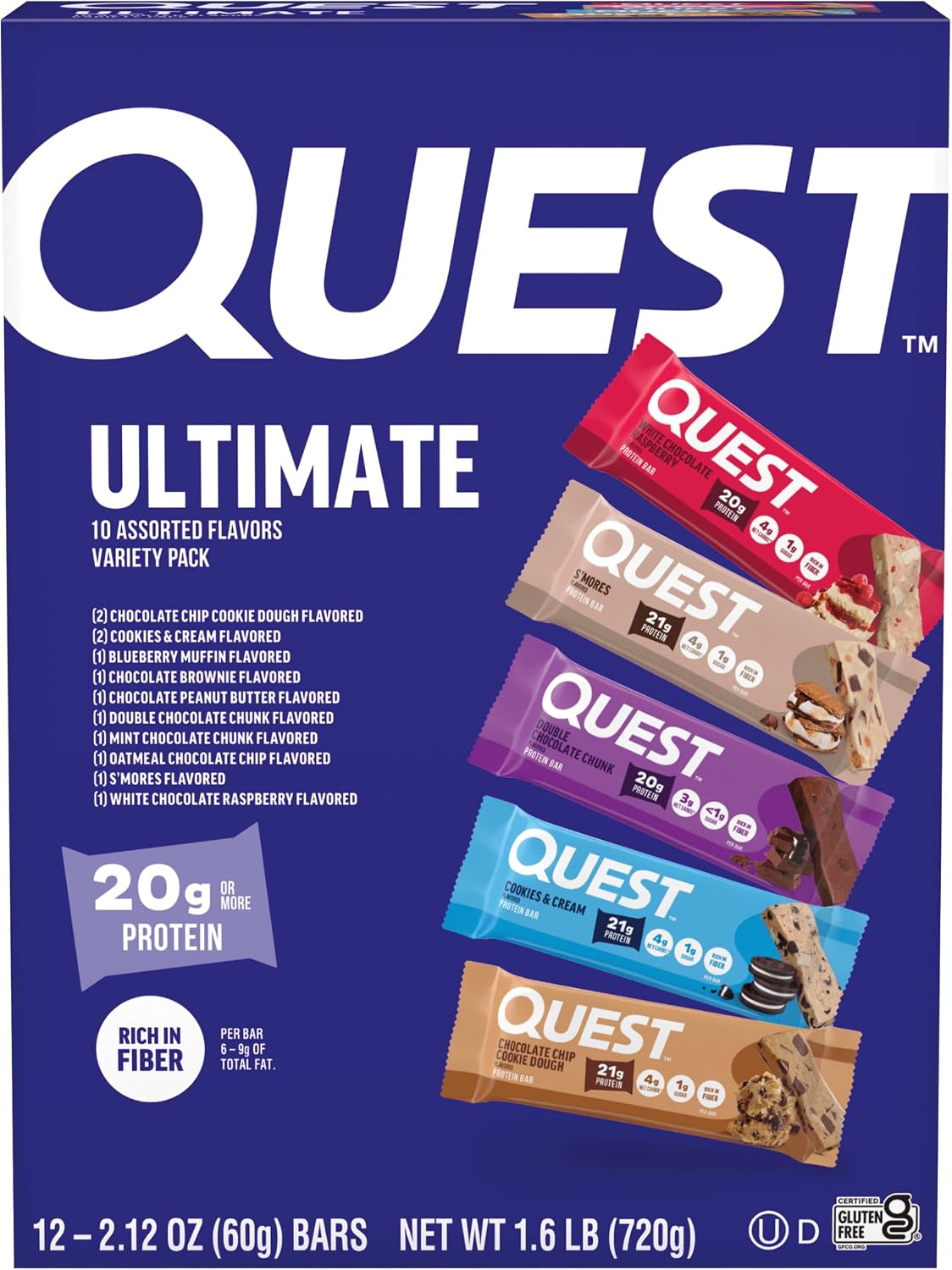 Quest Nutrition Oatmeal Chocolate Chip Protein Bars, 20g Protein, 12 Count | 12g Fiber, 5g Net Carbs, 1g Sugar, Gluten Free, High Quality Protein, Soft and Chewy, Individually Wrapped 2.12oz Bars