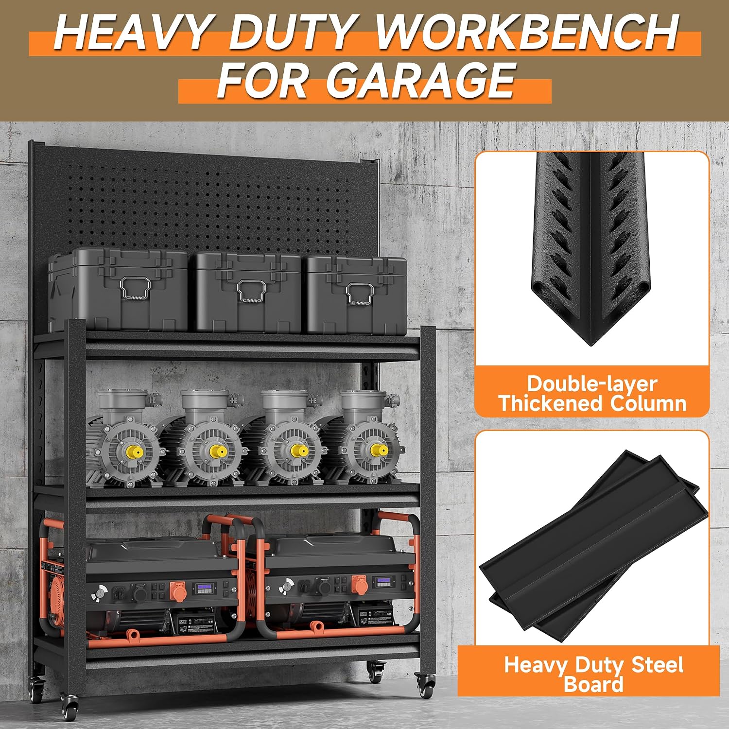 Workbench on Wheels, Adjustable Heavy Duty Work Table with Wheels, Heavy Duty Workstation, Metal Tool Work Bench for Garage Warehouse Workshop, 32" H x 18" D x 34" W