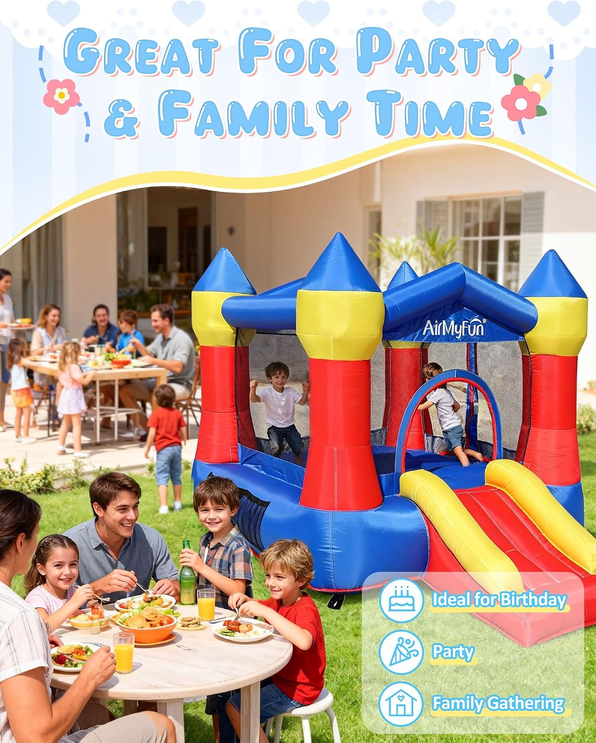 AirMyFun Pink Inflatable Toddler Bounce House with Blower, Indoor/Outdoor Jumping Castle for Kids 3-8, Inflatable Bouncy House with Slide, 82011B