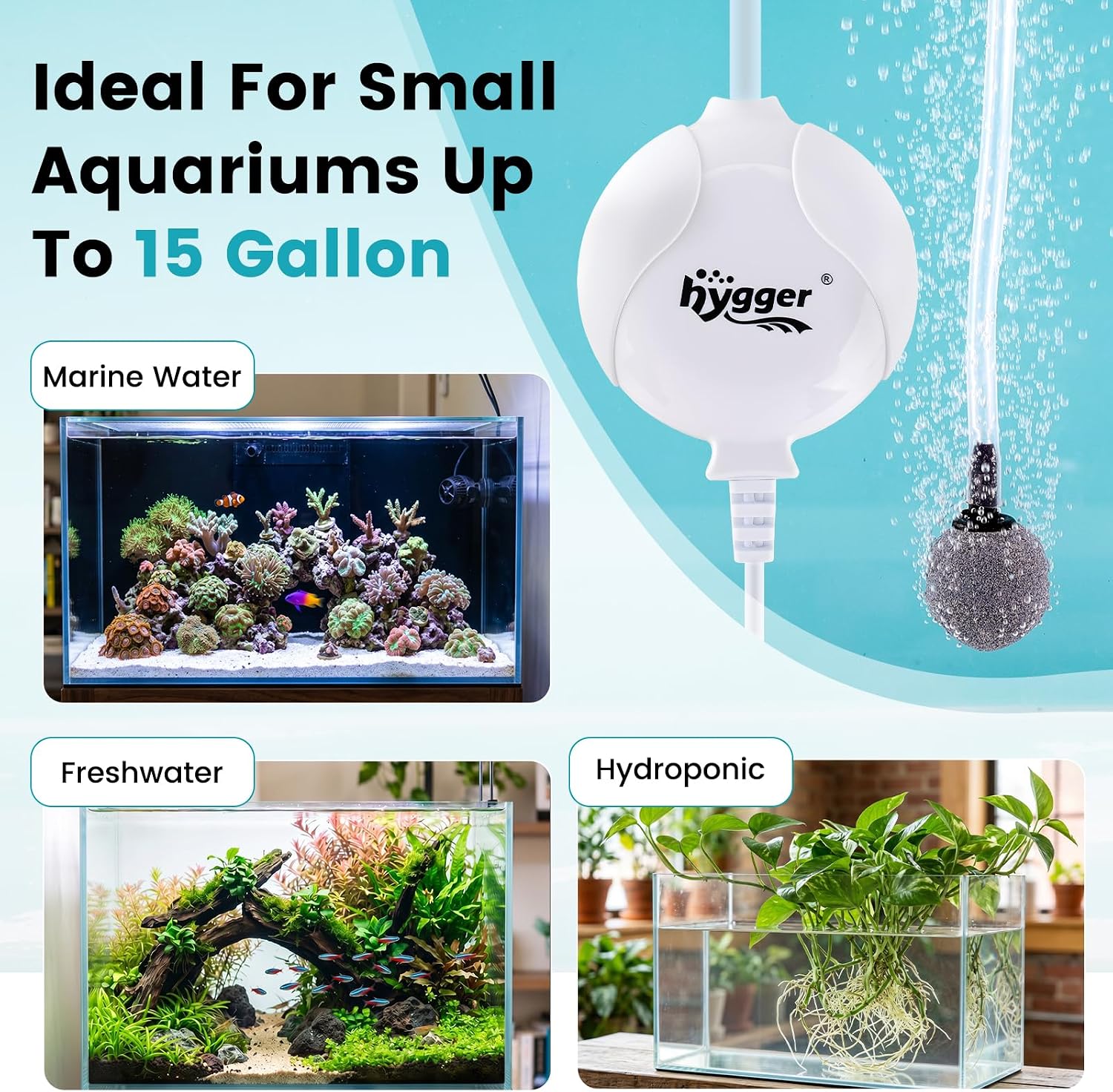 hygger Quiet Aquarium Air Pump 1.5 Watt Energy Saving Mini Oxygen Pump for 1-15 Gallon Fish Tank with Accessories White