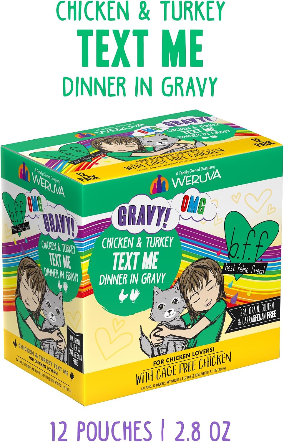 Weruva B.F.F. OMG - Best Feline Friend Oh My Gravy!, Tuna & Salmon Sweet Cheeks with Tuna & Salmon in Gravy Cat Food, 3oz Pouch (Pack of 12)