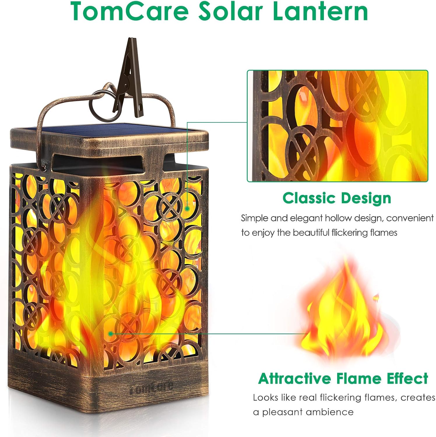 TomCare Solar Lanterns Outdoor, Flickering Flame Hanging Lights, 2 Pack