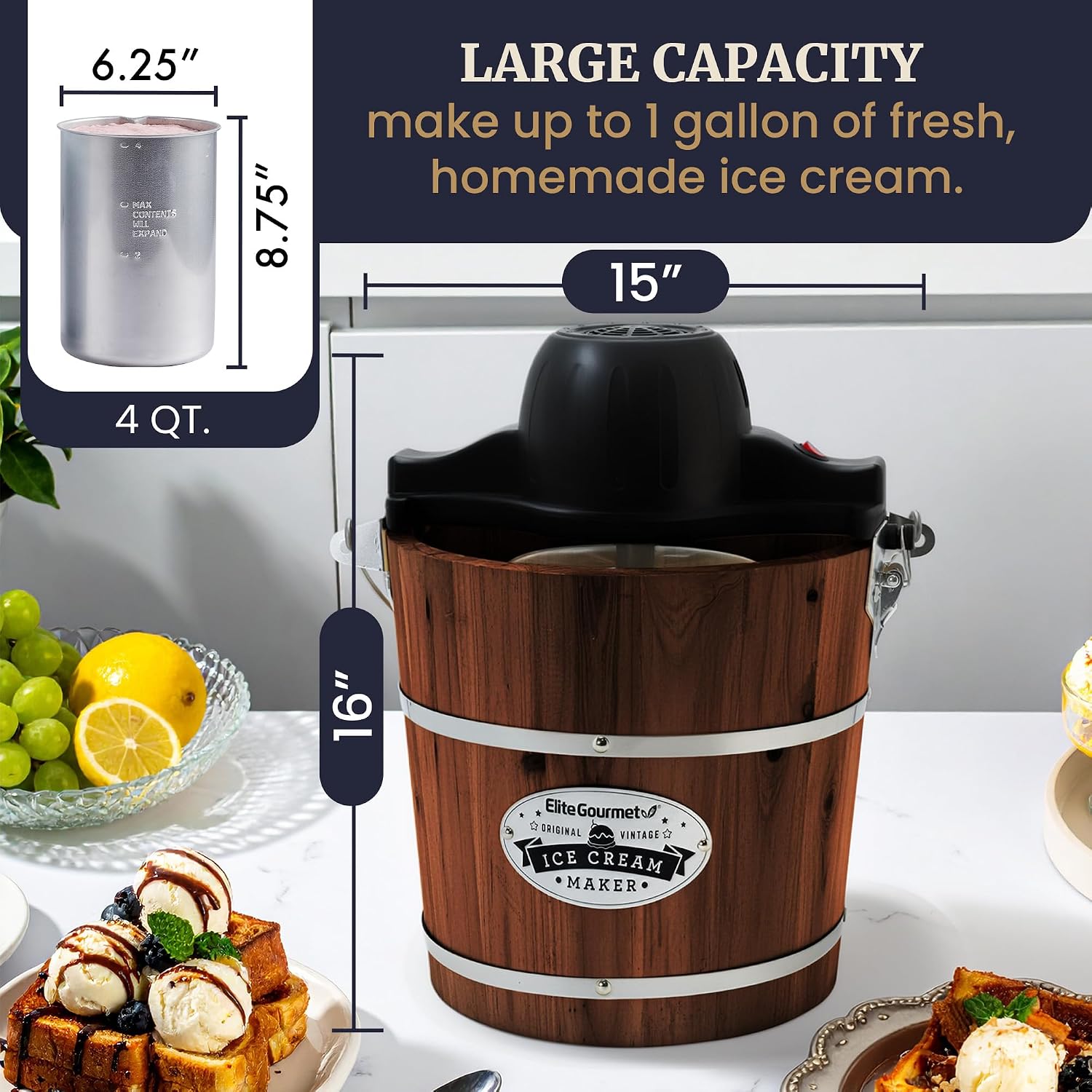 Elite Gourmet EIM402 4Qt Old Fashioned Wood Bucket Ice Cream Maker